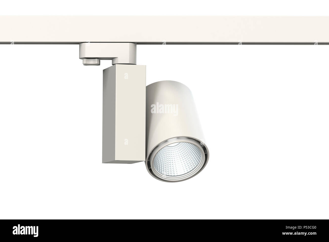 Lamp-LED weiß Titel Light für die Beleuchtung von Ausstellungsräumen und Geschäfte. Weiße Lampe auf weißem Hintergrund für den Katalog. Neue Technologien. Die IT-Technologie. 3. Stockfoto