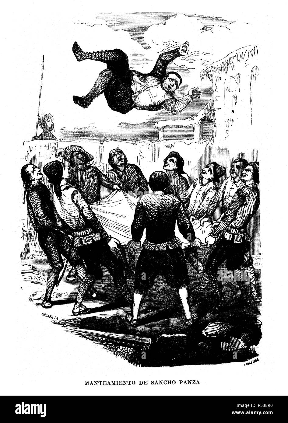 Escena de la novela EL INGENIOSO HIDALGO DON QUIJOTE DE LA MANCHA, de Miguel de Cervantes Saavedra. Dibujo de Ribera. Manteamiento de Sancho Panza. Stockfoto