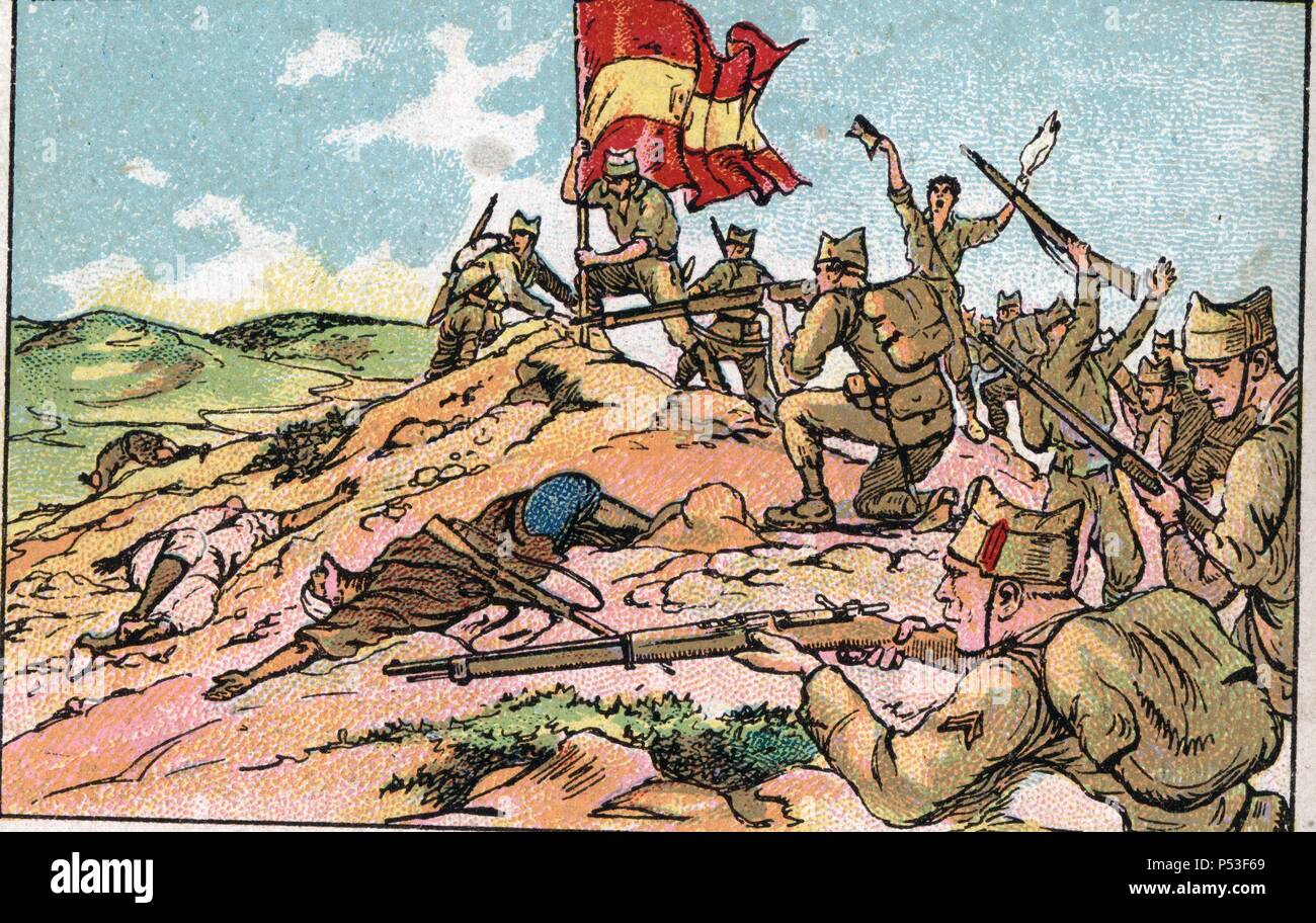 Guerra de Marruecos (1911-1927). Ofensiva Franco-Espa ñola. Una bandera del Tercio ocupando los Cuernos de Palacio Las Manillas. Dibujo de A. Mestres. Stockfoto