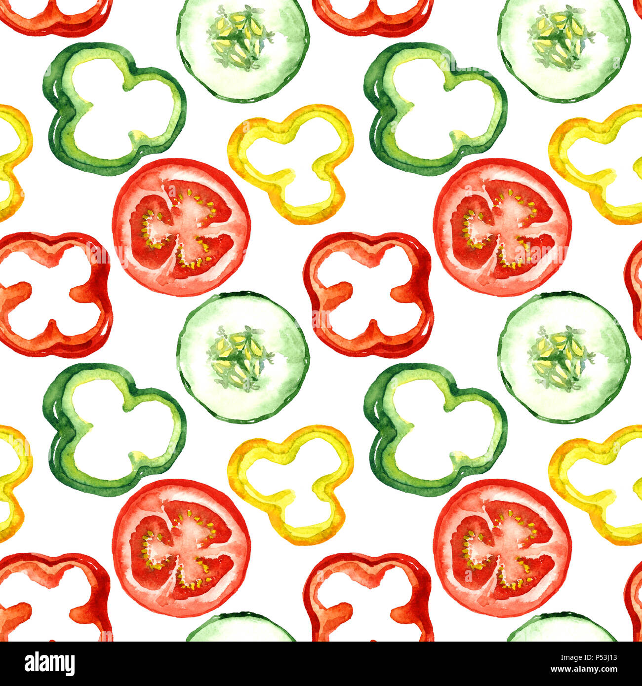 Salat bunte Gemüse Schichten: Tomaten, Paprika, Gurken, nahtlose Muster, Handgemalten Aquarell Abbildung Stockfoto