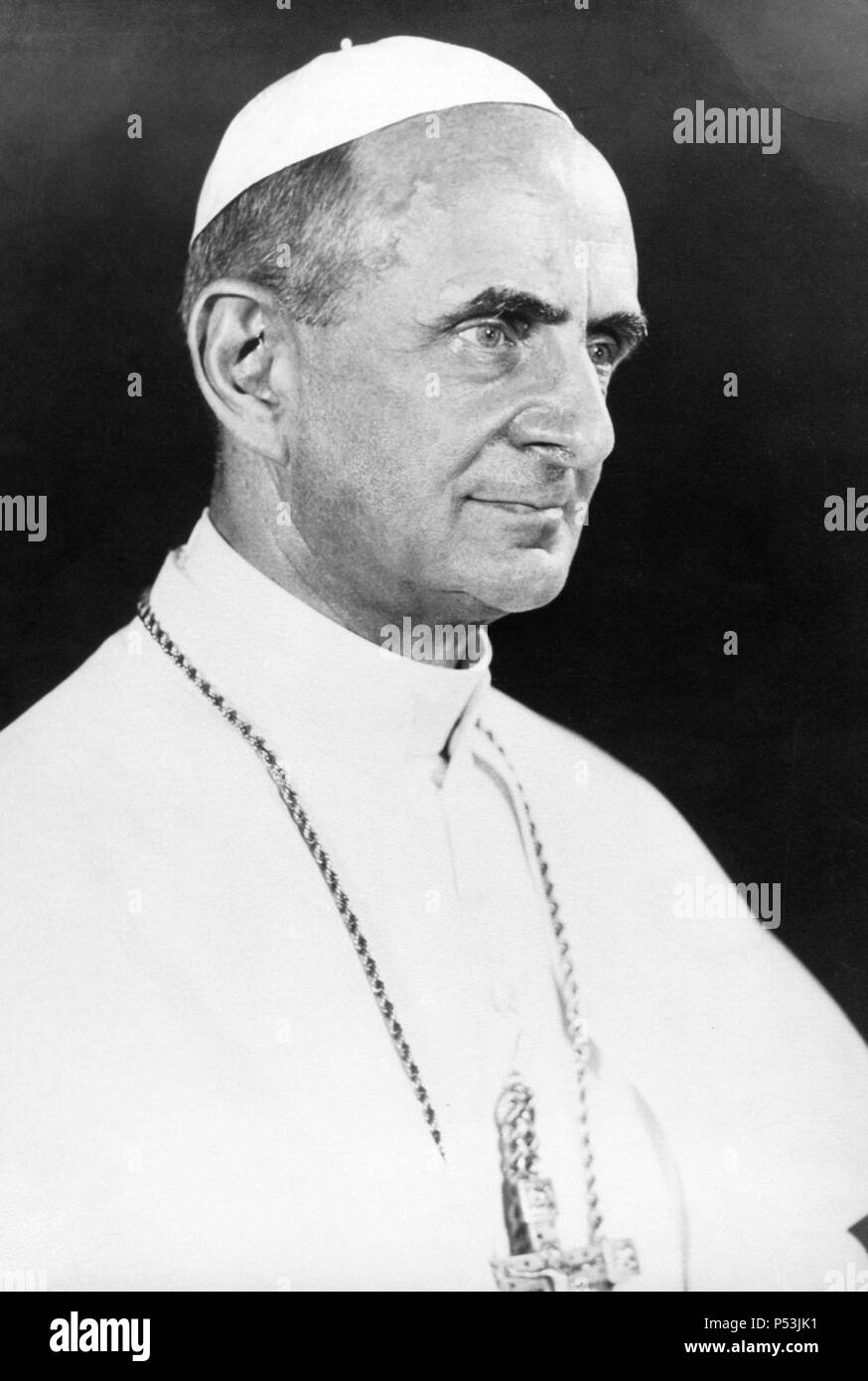 PAULO VI (Concesio, 1897 - Roma, 1978). Papa italiano de nombre Giovanni Batista Montini. Elegido papa En 1963. Continuó y Dio fin al II Concilio Vaticano. Autor de las encíclicas Ecclesiam suam (1964), die Enzyklika Populorum progressio (1967), "Mysterium fidei" (1965), Sacerdotalis celibatus (1967) y Humanae viate (1968). Stockfoto