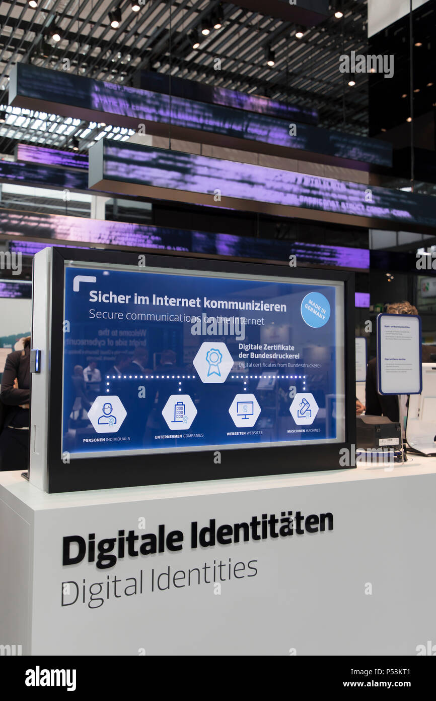 CEBIT 2018, der weltweit größten IT-Messe, Hannover, Bundes Druckerei, digitale Identitäten, Deutschland Stockfoto