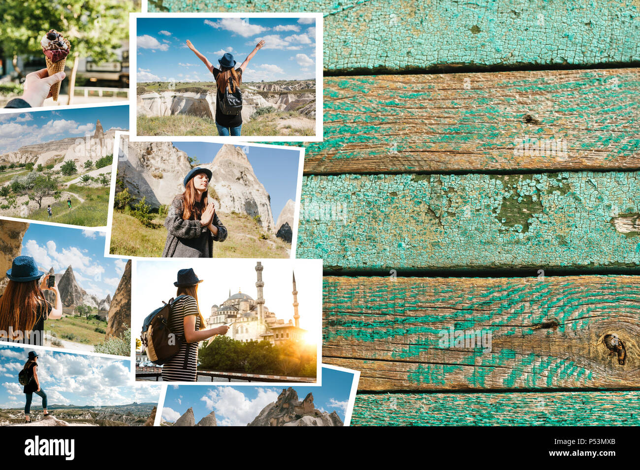 Eine Menge Bilder auf der Holzoberfläche. Urlaub in der Türkei. Neben den Fotos ist ein Platz für Text. Das sind meine Fotos und meine Kunst und Design. Alle Fotos werden getrennt in mein Portfolio. Stockfoto
