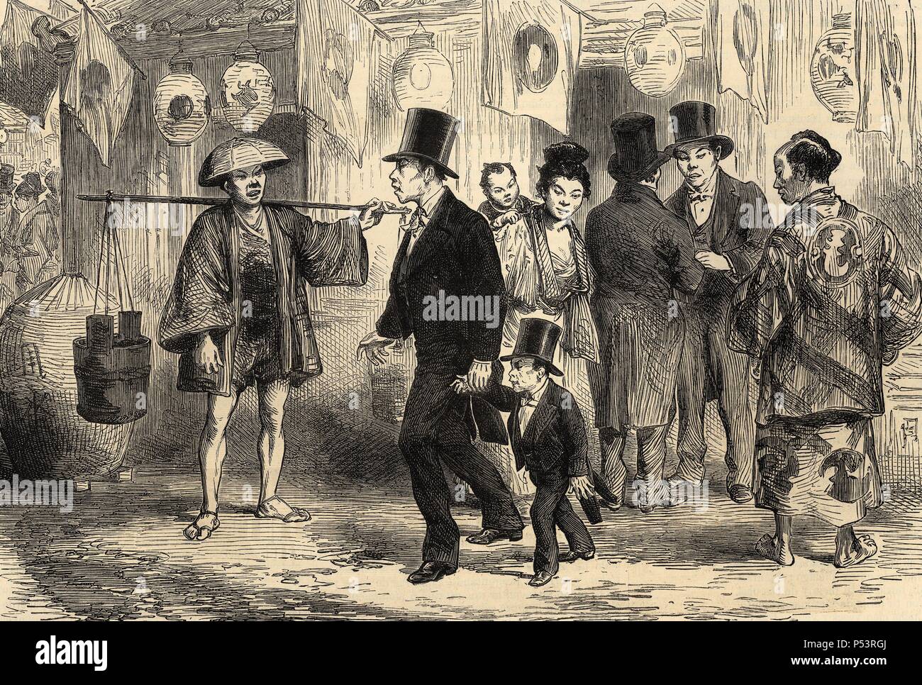 Geschichte Japans. des 19. Jahrhunderts. Yeddi. Einfluss der europäischen Zivilisation in Japan: der formellen Anzug. Kupferstich, 1879. Stockfoto