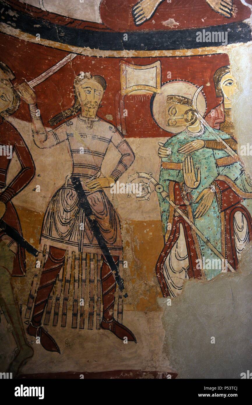 Romanische Kunst in Spanien. 12. Jahrhundert. Kirche der Heiligen Maria (Santa Maria). Das Martyrium des Englischen Erzbischof Thomas Becket, der 1170 starb. Wandmalerei in der Apsis. Tarrasa. Katalonien. Stockfoto