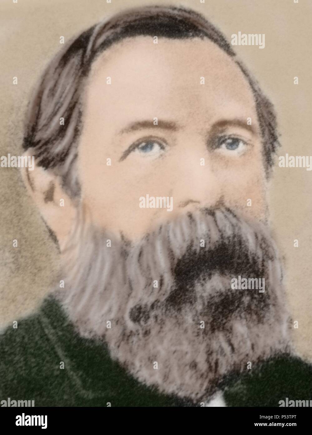Friedrich Engels (1820-1895). Deutsche Sozialwissenschaftlerin, Autor, politische Theoretiker, Philosophen, und Vater der kommunistischen Theorie, neben Karl Marx. Farbige Porträt. Stockfoto