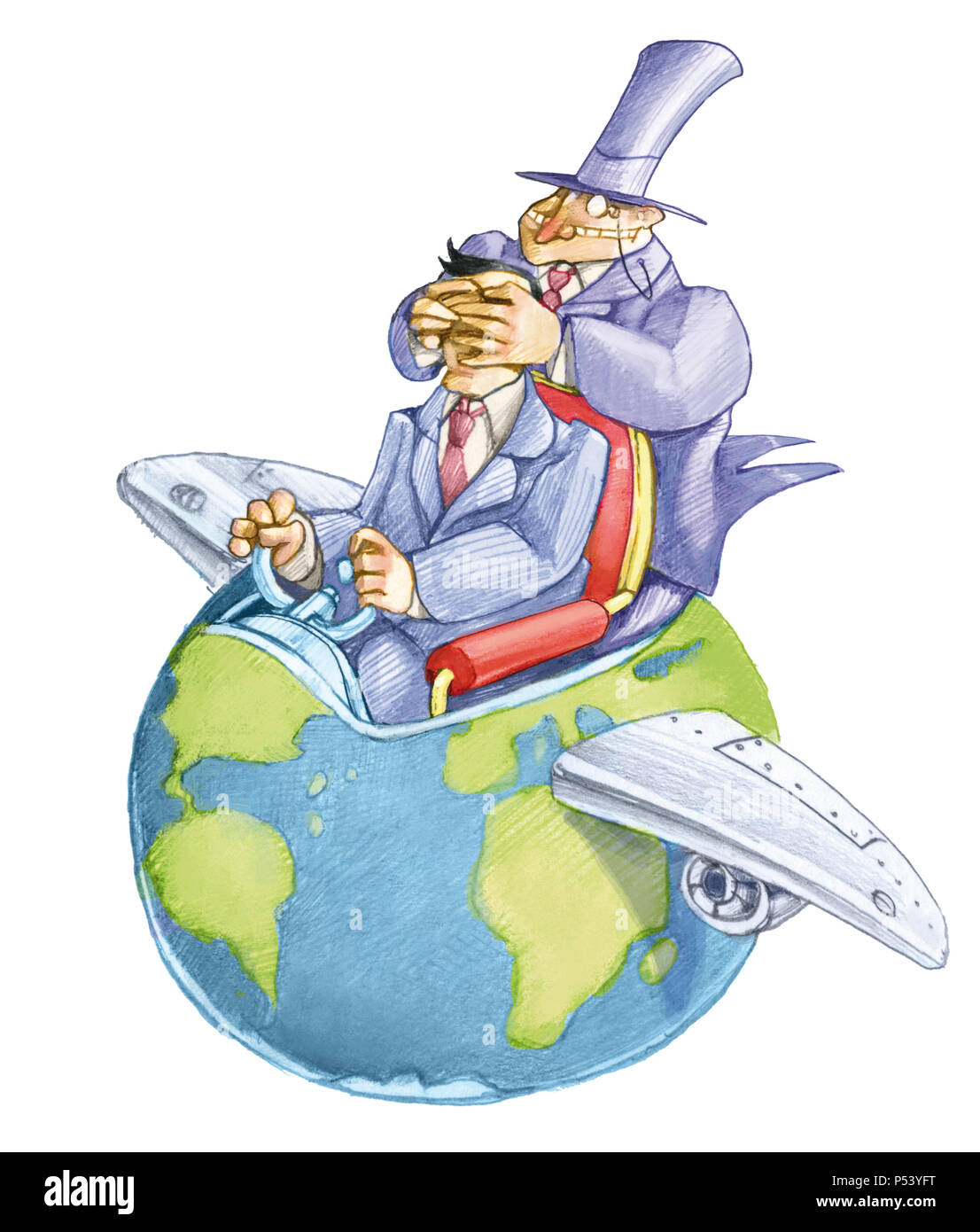 Banker schließt die Augen eines politischen, die Antriebe der Welt, scheint ein Flugzeug politische lustig Cartoon Stockfoto