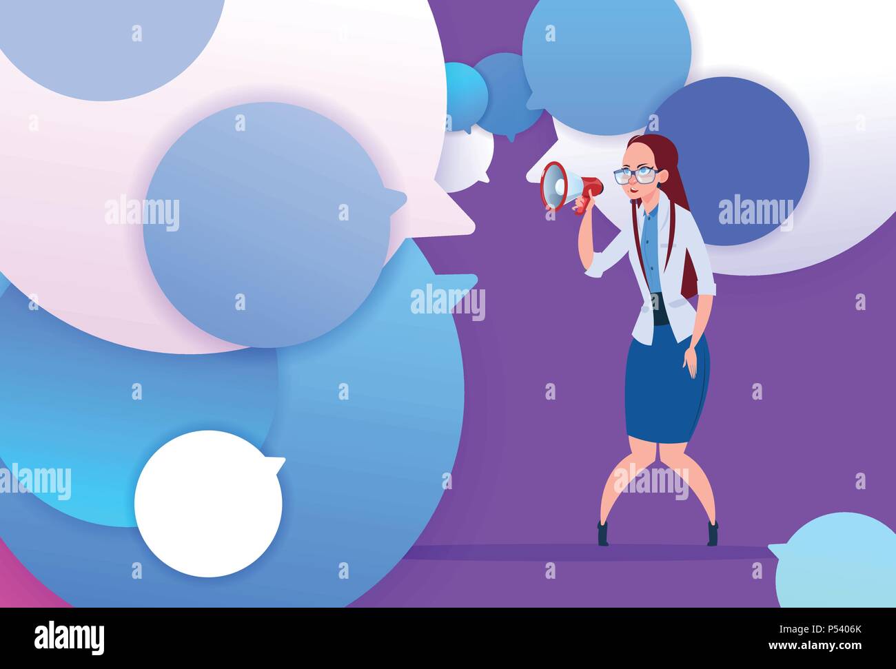 Profil Geschäftsfrau halten Megafon neue Idee Unterstützung über Blasen backgroung weibliche emotion Avatar Chat, Frau cartoon Symbol volle Länge flach Stock Vektor