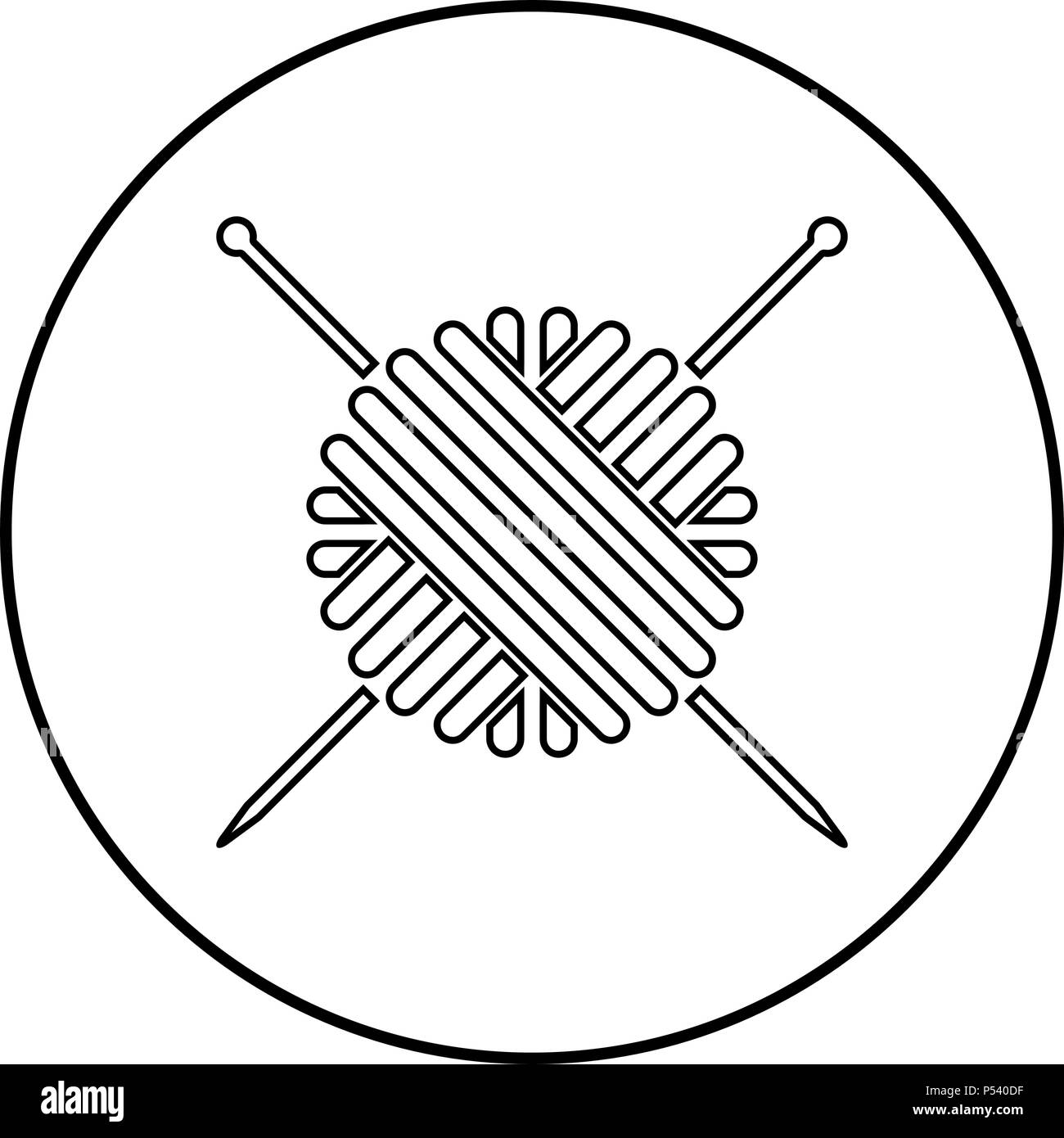 Ball der Wolle Garn und Stricknadeln Symbol Farbe Schwarz im Kreis runde Kontur Stock Vektor