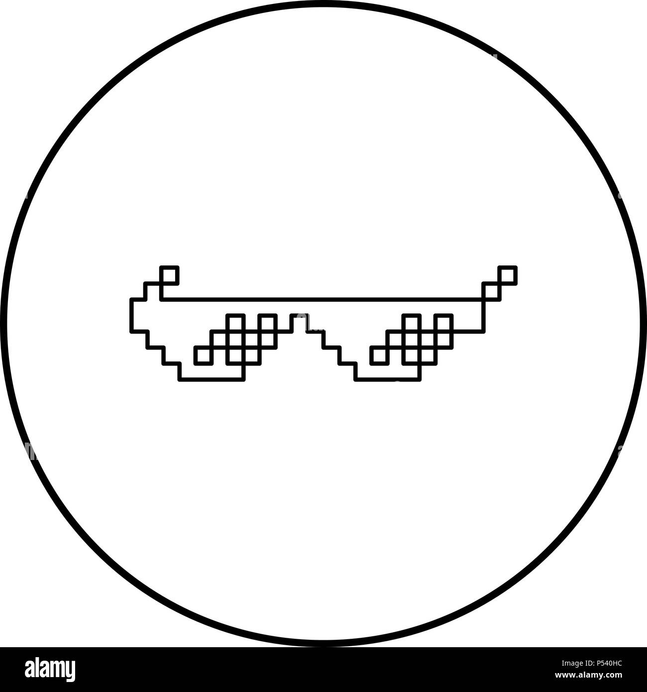 Sonnenbrille pixel Symbol Farbe Schwarz im Kreis runde Kontur Stock Vektor