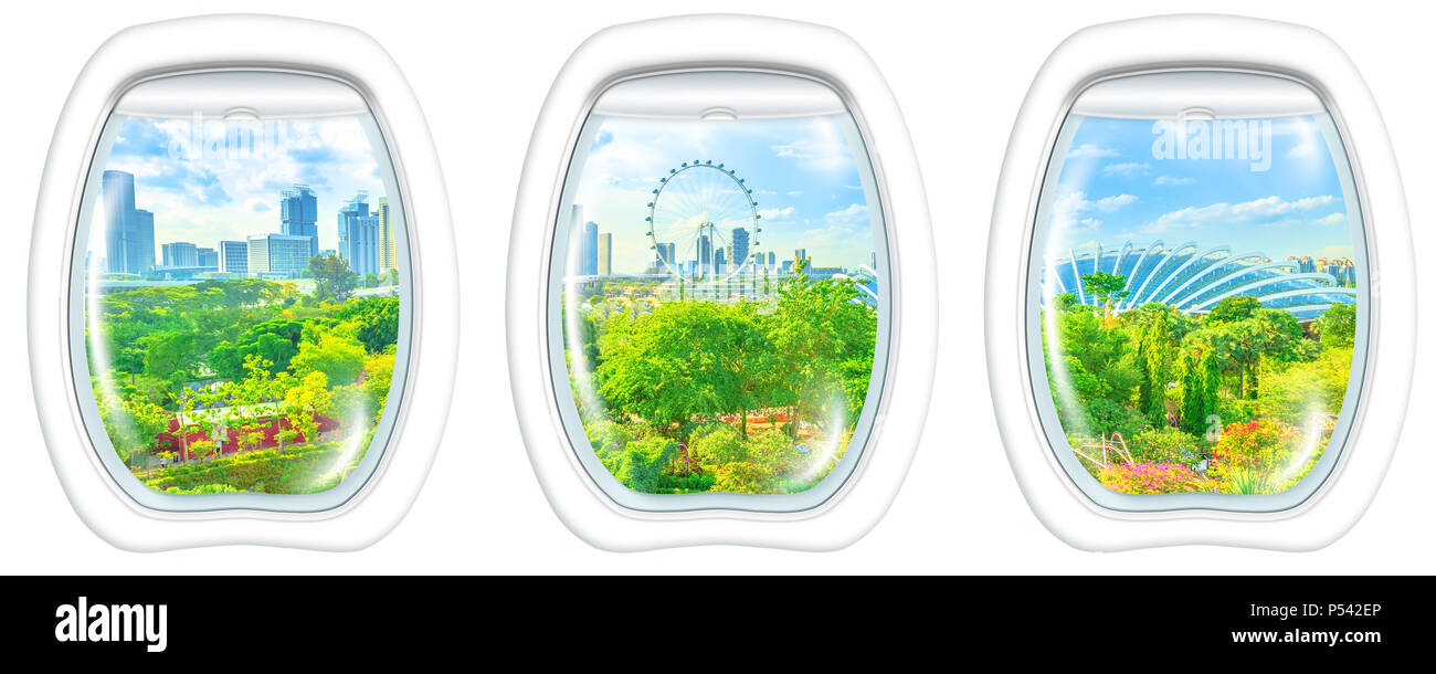 Drei Bullaugen rahmen Windows auf Luftaufnahme der Stadt Singapur und Gärten an der Bucht. Berühmte Touristenattraktion in Marina Bay, Singapore. Kopieren Sie Speicherplatz auf weißen Hintergrund. Stockfoto
