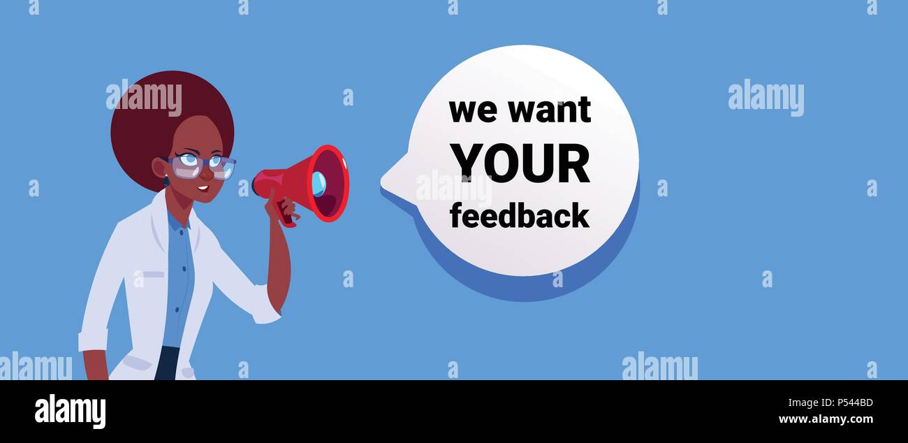 Wir freuen uns auf Ihr Feedback. Frau hand Megaphon, Banner für Business, Förderung und Werbung. Customer Review Kommunikation. Stock Vektor