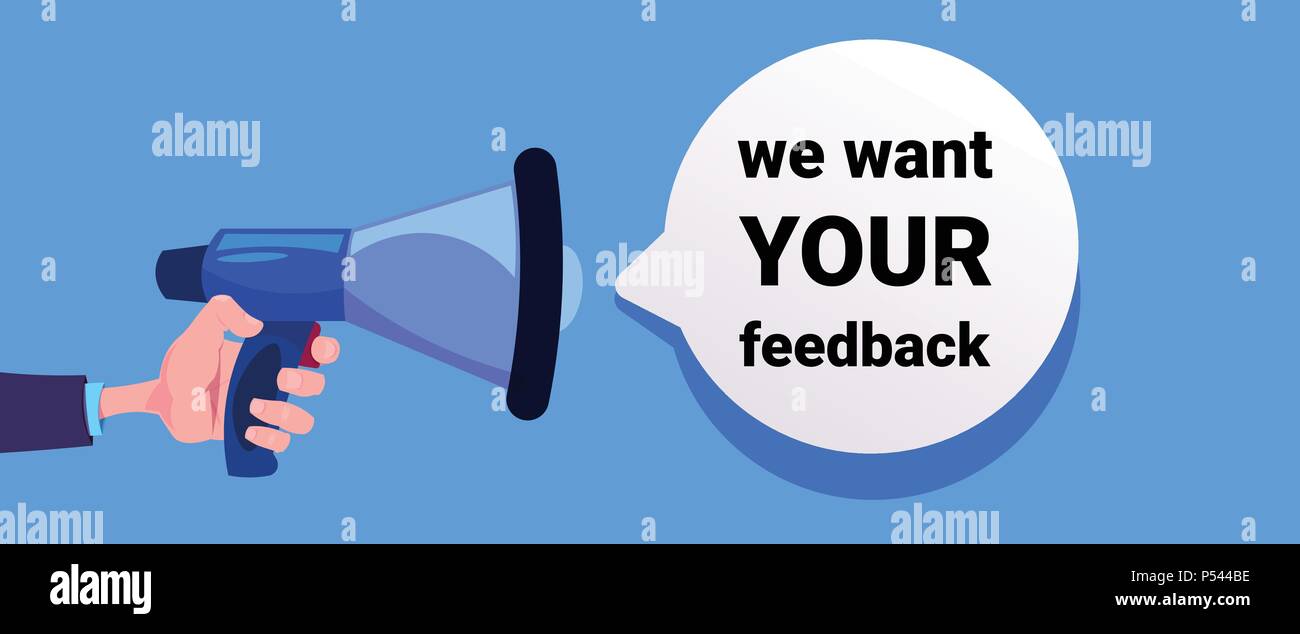 Wir freuen uns auf Ihr Feedback. Hand Megaphon, Banner für Business, Förderung und Werbung. Customer Review Kommunikation. Stock Vektor