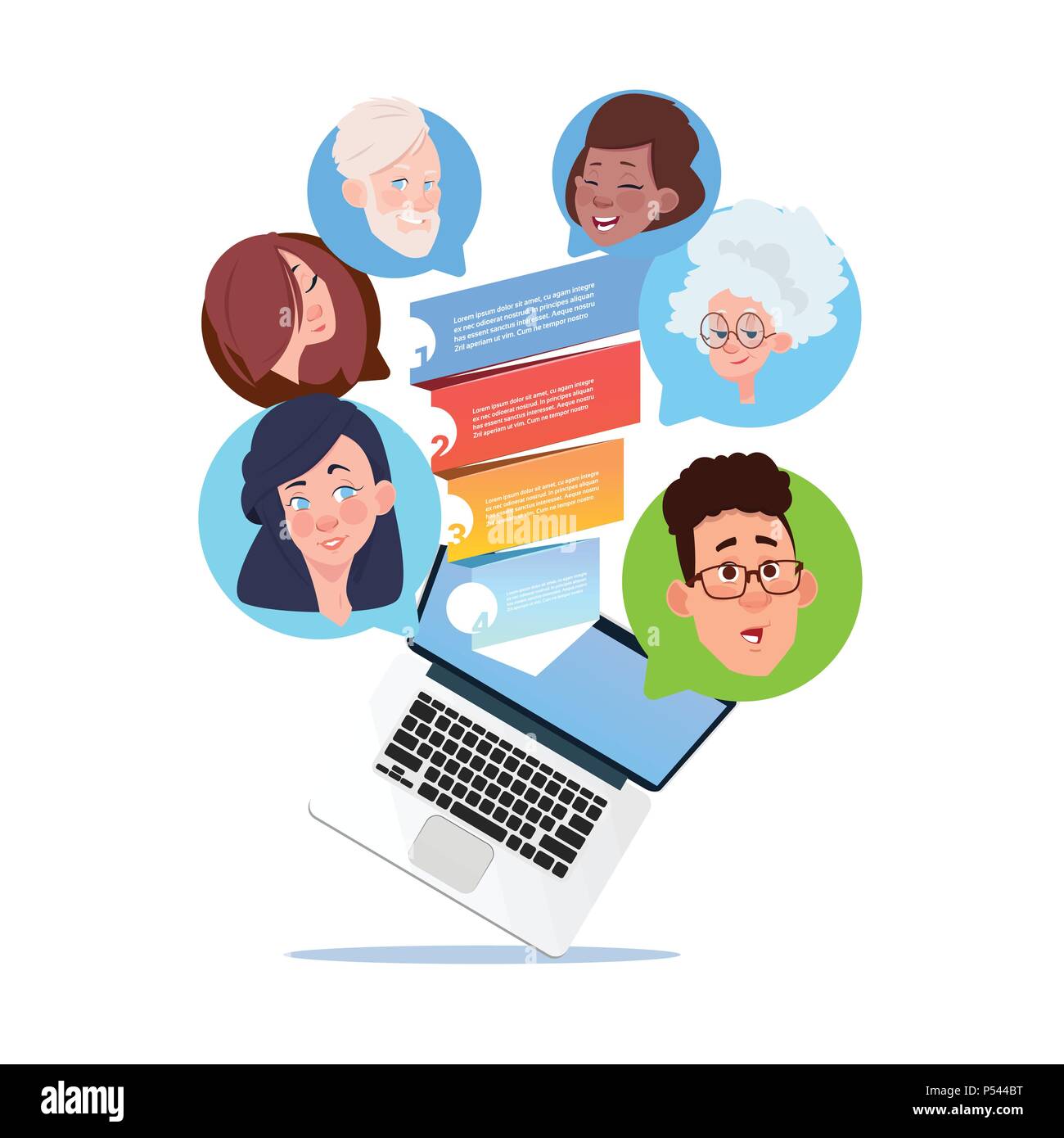 Laptop Sales Funnel mix Rennen blasen Chat, unterstützen virtuelle Unterstützung der Webseite oder mobile Anwendungen, flach Stock Vektor