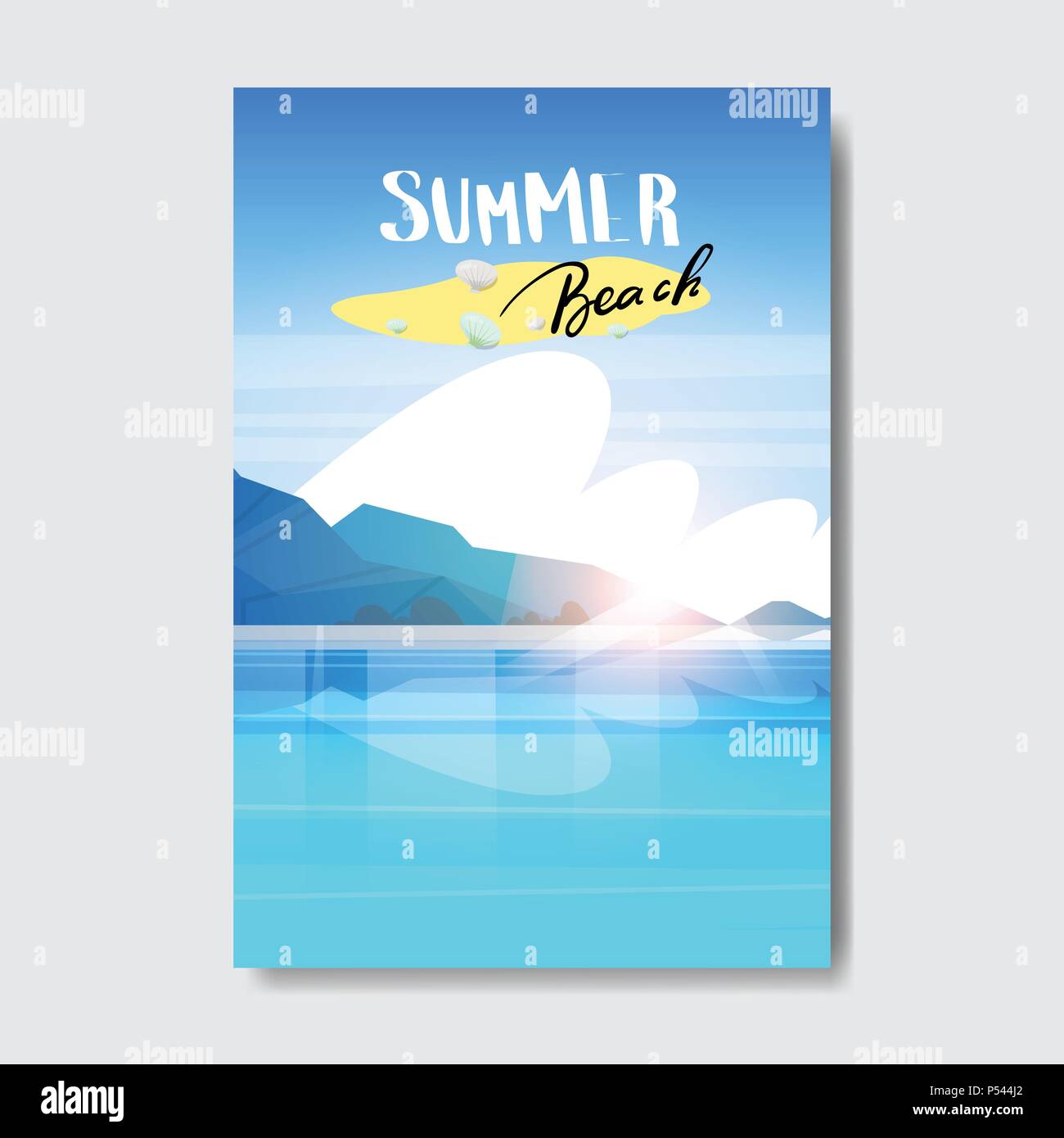 Sommer Strand Landschaft Abzeichen Design Label. Jahreszeit Urlaub Schriftzug für Logo, Vorlagen, Einladungen, Grußkarten, Drucke und Poster. Stock Vektor