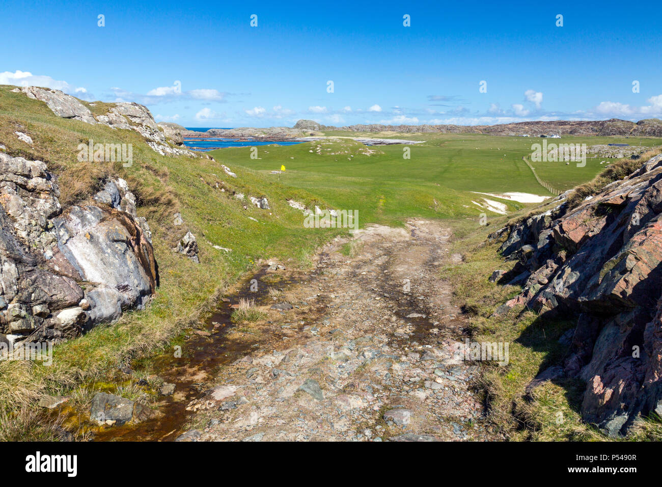 Die "Road", der Golfplatz mit der Südspitze der Hebriden Insel Iona, Argyll und Bute, Schottland, Großbritannien verbindet Stockfoto