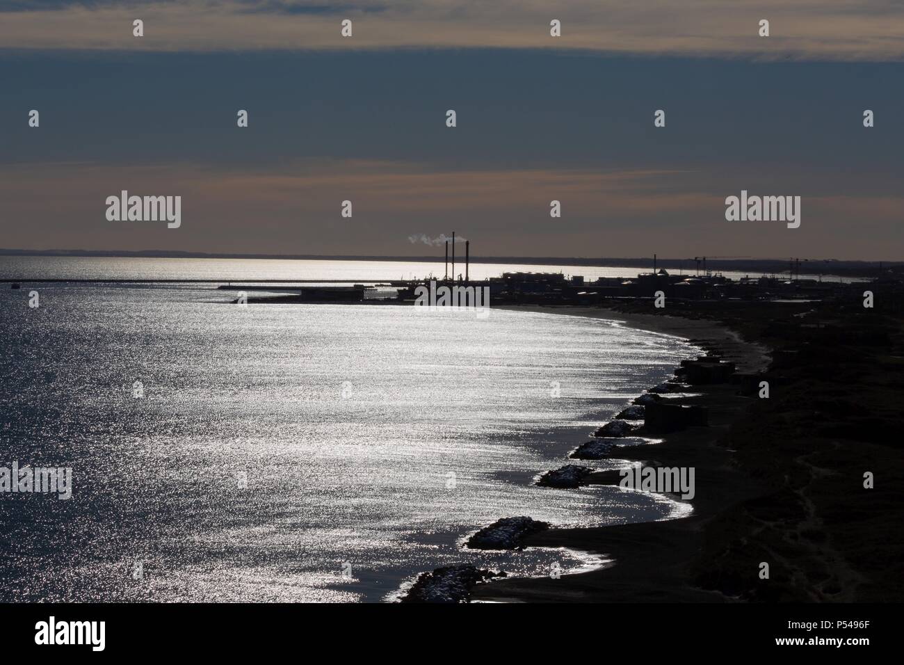 Skagen Stadt an den frühen Sonnenuntergang im März 2018. Das Bild ist von der Leuchtturm "Der Graue Leuchtturm', Höhe 46 Meter, 10,37.4874 57,44.782 N E S Stockfoto