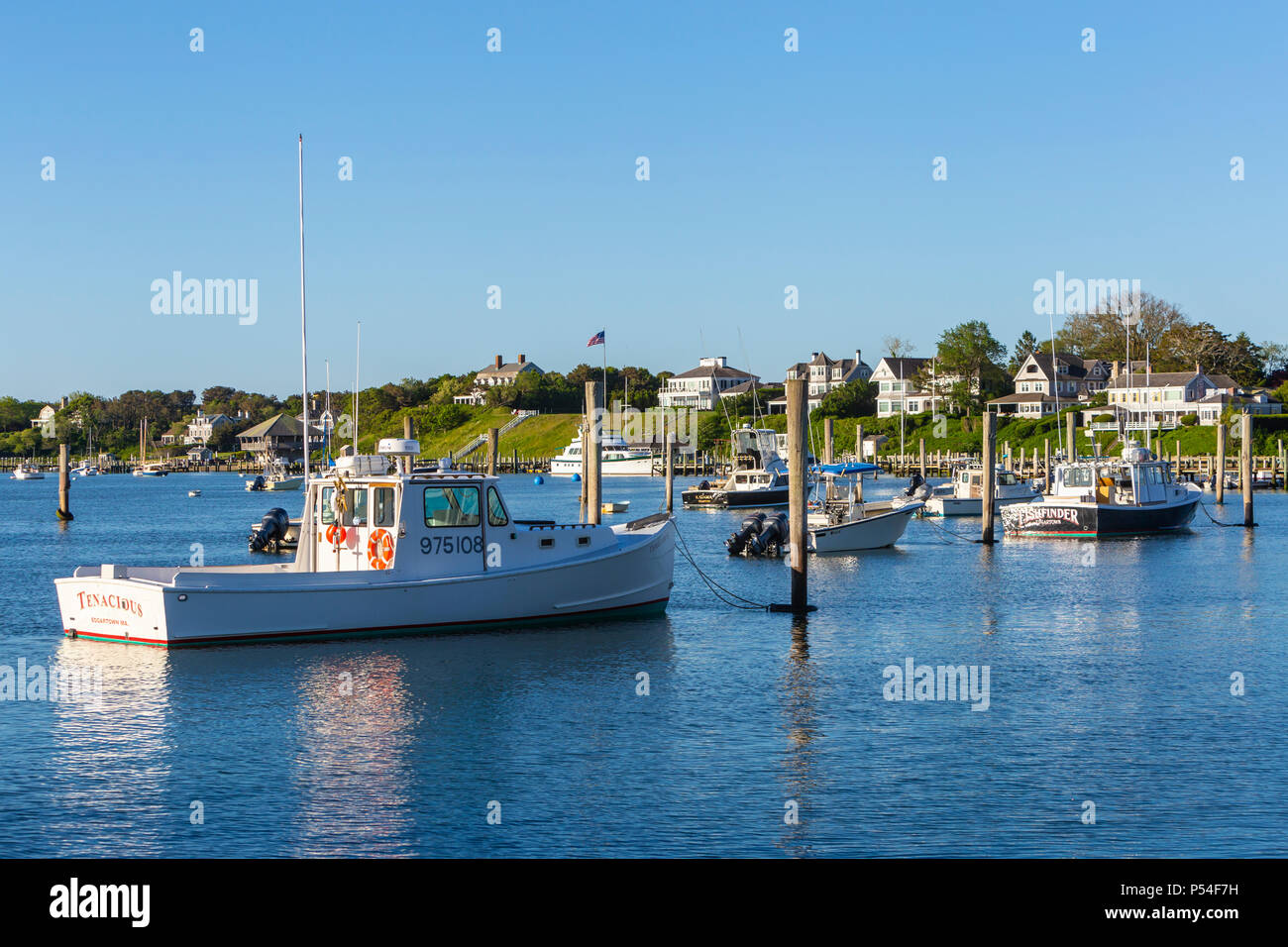 Angeln und Boote vor Anker und im Mittelfeld angedockt, die Waterfront homes in Chatham, Massachusetts auf Martha's Vineyard übersehen. Stockfoto