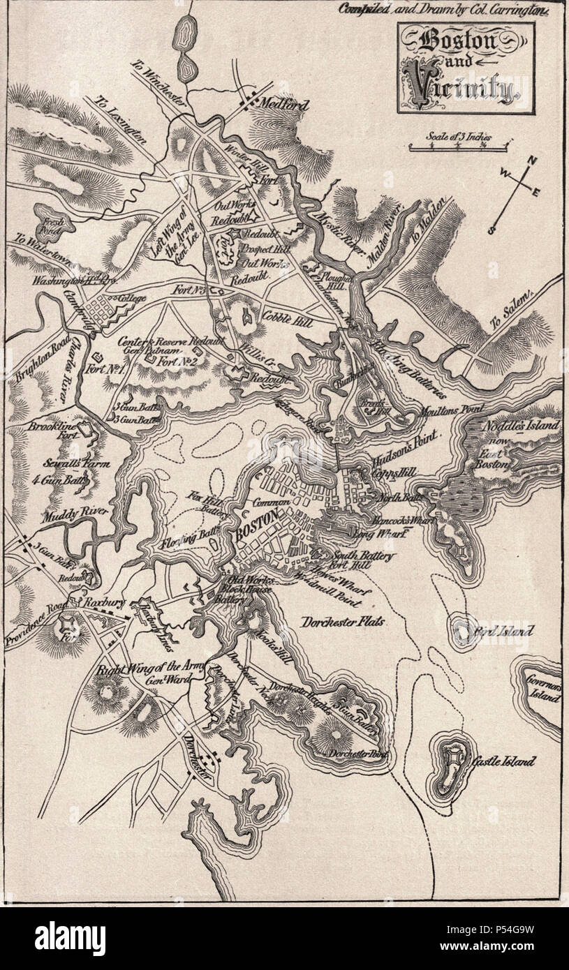 Karte von der Belagerung von Boston vom 20. Juni 1775 bis 17. März 1776 während der Amerikanischen Revolution Stockfoto