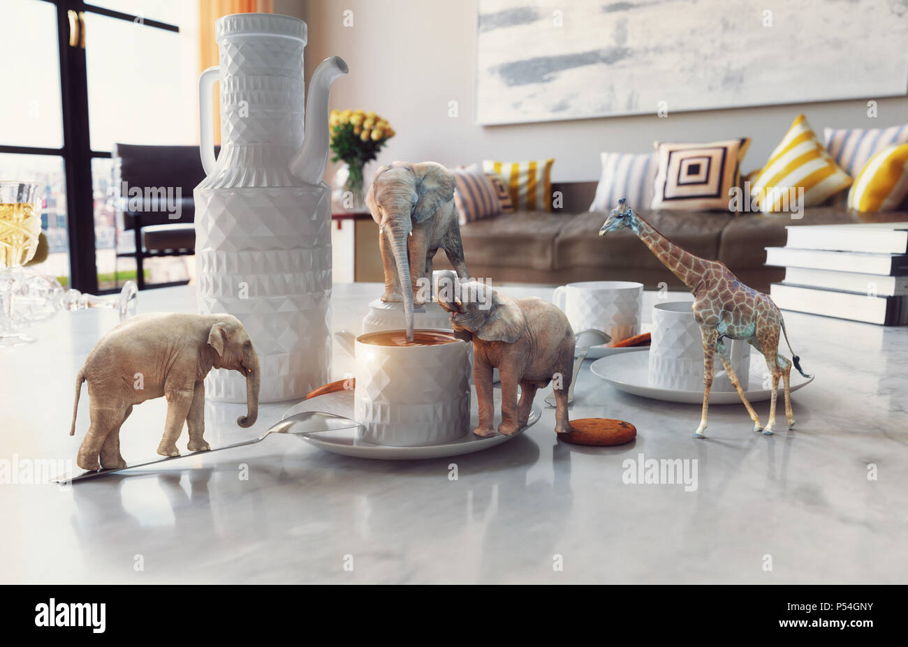 Kleine afrikanische Tiere auf dem Couchtisch. Foto Elemente und 3D-rendering Kombination. Stockfoto