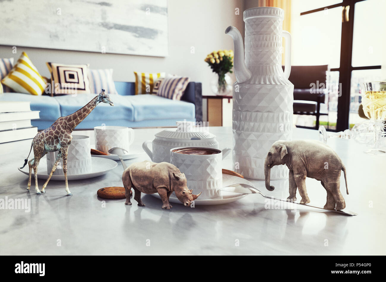Kleine afrikanische Tiere auf dem Couchtisch. Foto Elemente und 3D-rendering Kombination. Maserung und Struktur hinzugefügt Stockfoto