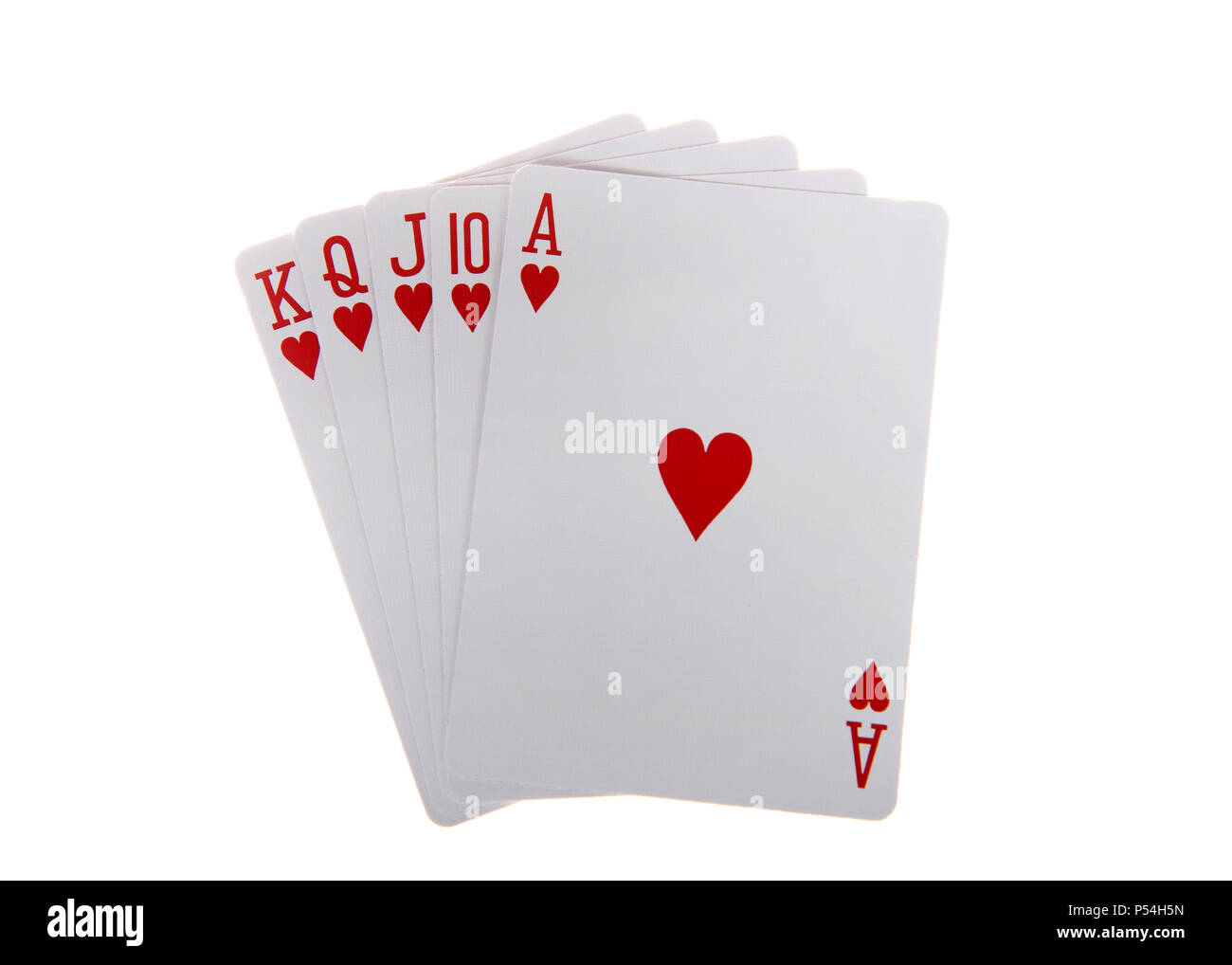 Spielkarten, Royal Flush. Ein Royal Flush ist ein Straight Flush, hat eine hohe Karte Wert von Ace. Dies ist die höchste Hand im Spiel Poker. Herz Stockfoto