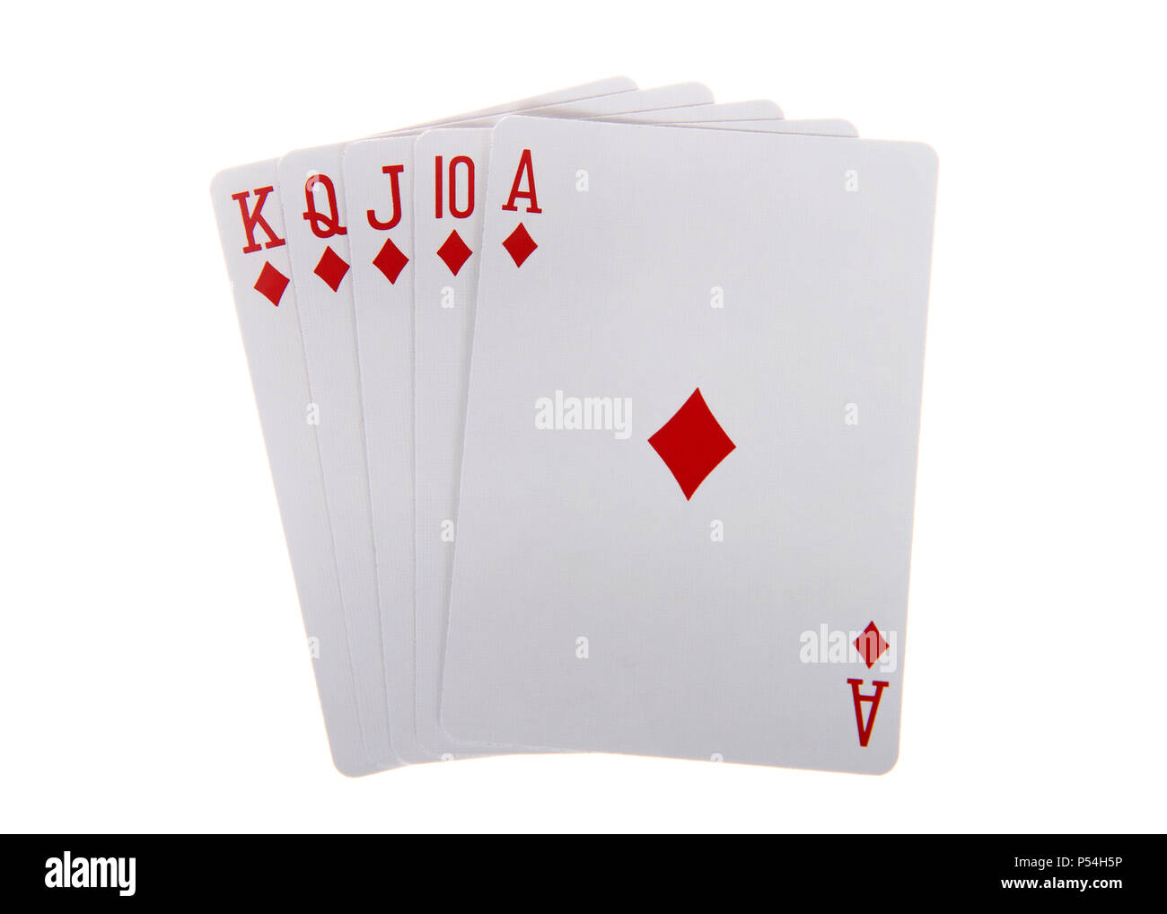 Spielkarten, Royal Flush. Ein Royal Flush ist ein Straight Flush, hat eine hohe Karte Wert von Ace. Dies ist die höchste Hand im Spiel Poker. Diamon Stockfoto