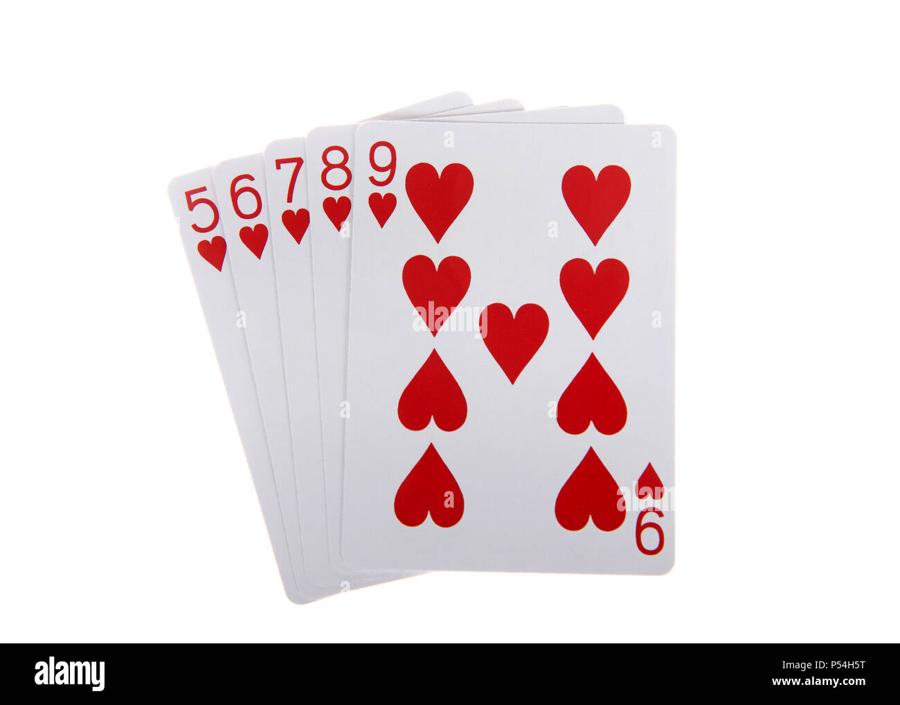 Spielkarten, ein Straight Flush. Ein Straight Flush ist eine Sequenz von fünf Karten derselben Farbe. Herzen. Stockfoto
