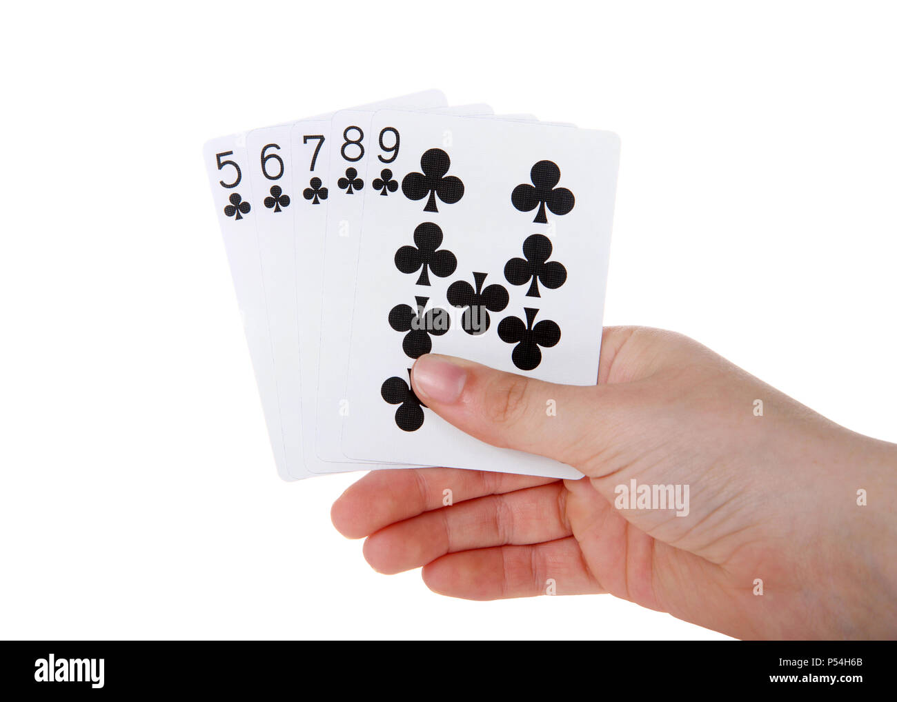 Junge weibliche Hand, die Spielkarten, eine Gerade. Eine gerade ist fünf Karten in einer Reihenfolge von der gemischten Farben. Die gerade mit der höchsten Karte Stockfoto