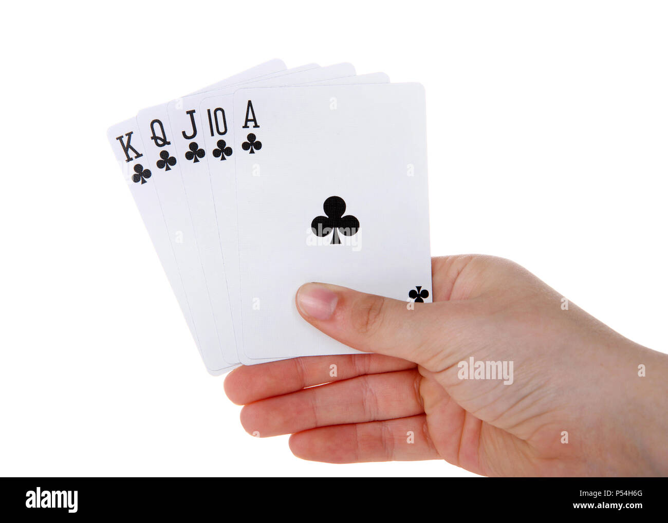 Junge weibliche Hand, die Spielkarten, Royal Flush. Es ist ein Straight Flush, hat eine hohe Karte Wert von Ace. Dies ist die höchste Hand im Spiel o Stockfoto