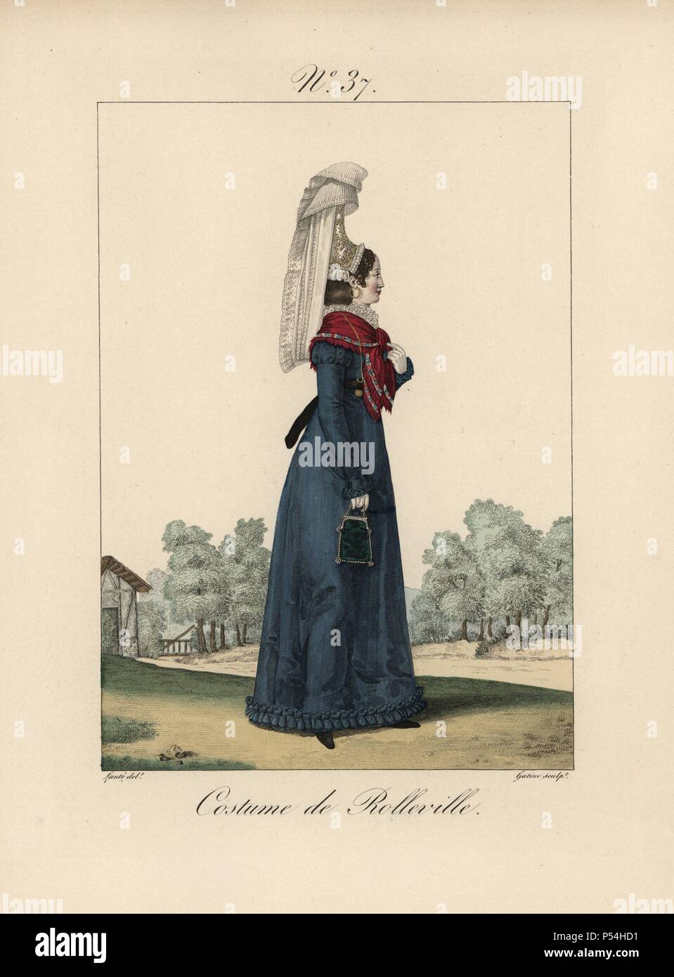 Frau in das Kostüm von Rolleville. Seitenansicht der hohen bavolet Motorhaube. Die Dekorationen auf der Vorderseite und fällt auf die CHIGNON sind genäht auf der Motorhaube. Handcolorierte mode Platte Abbildung von Benoit Pecheux gestochen von Gatine von louis-marie's Lante' Kostüme des femmes du Pays de Caux", 1827/1885. Mit ihren hohen Elsässischen spitze Hüte, die Frauen von Caux und der Normandie waren berühmt für die Eleganz und Stil. Stockfoto
