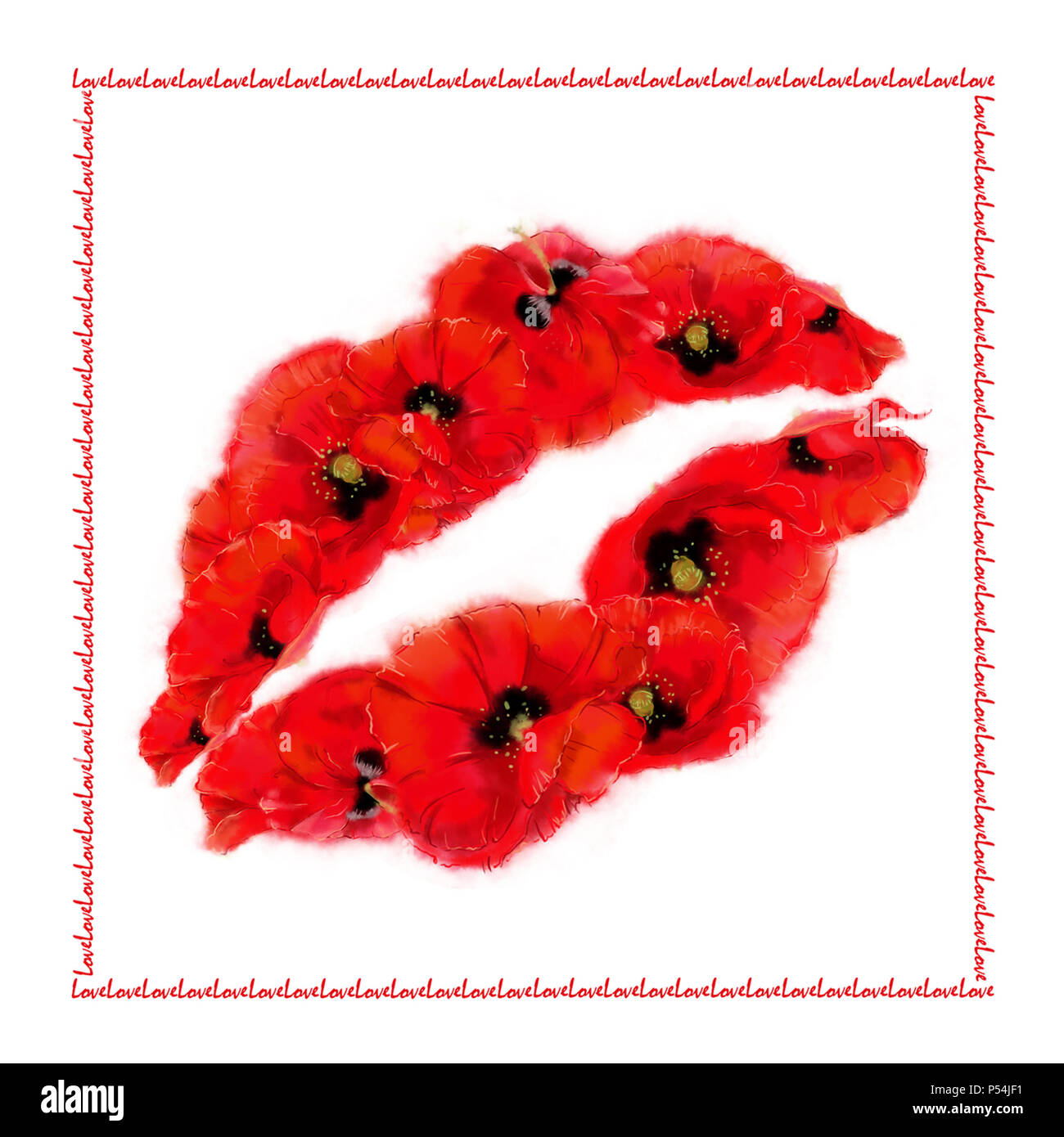 Poppy Lippen quadratische Karte auf weißem Hintergrund mit Liebe Nachricht am Rande. Flammend roten Blumen Lippen für Karte, Plakat, Anzeige, Werbung etc. Stockfoto