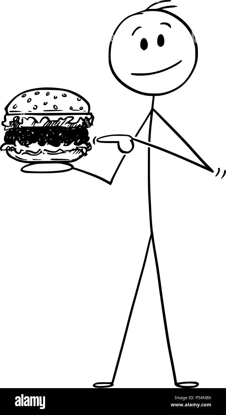 Cartoon von lächelnden Mann Holding Hamburger Stock Vektor