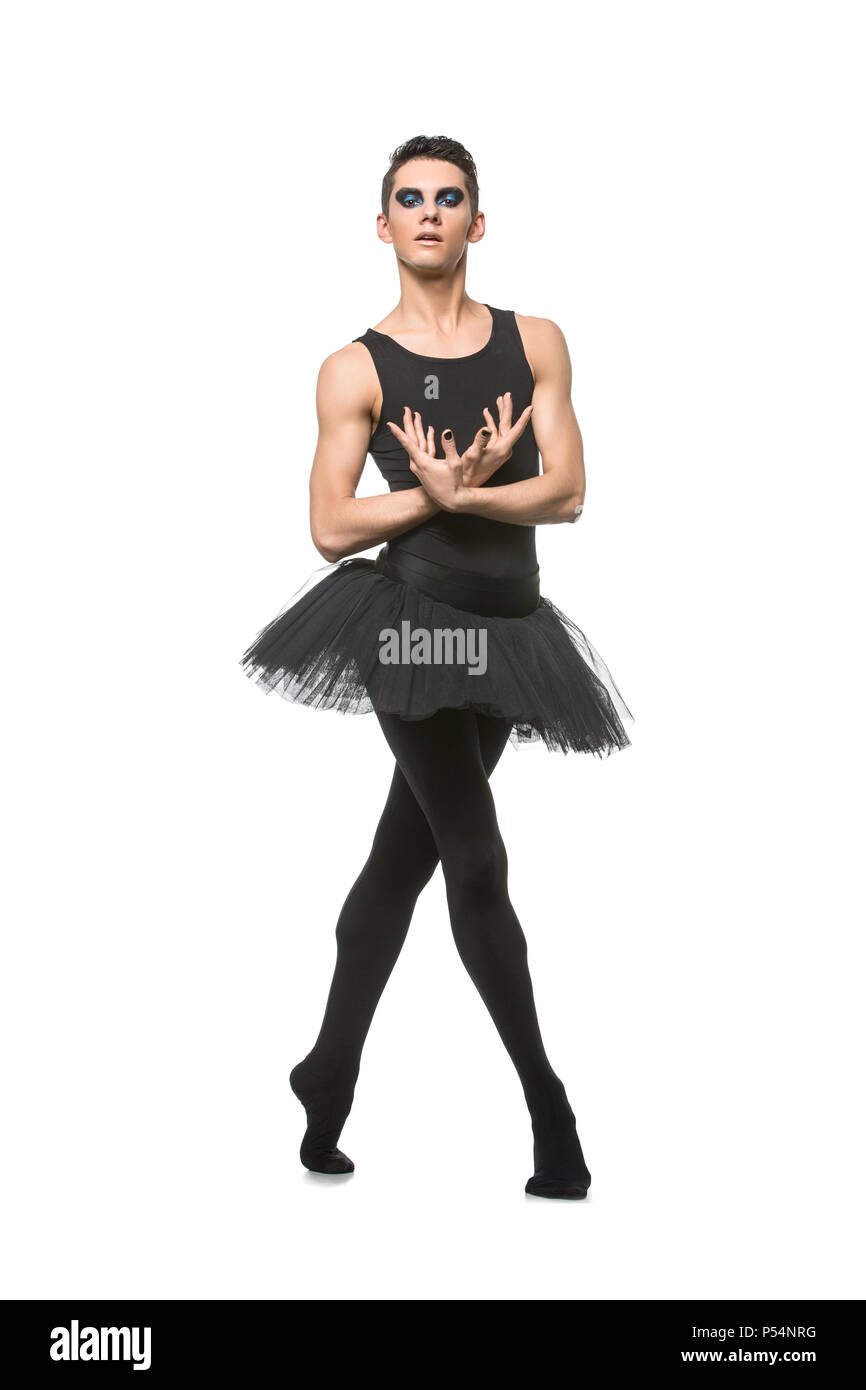 Stattliche Ballett Künstler in Tutu Rock. junger Mann in Gymnastik Kleidung. Studio erschossen. kopieren. Stockfoto