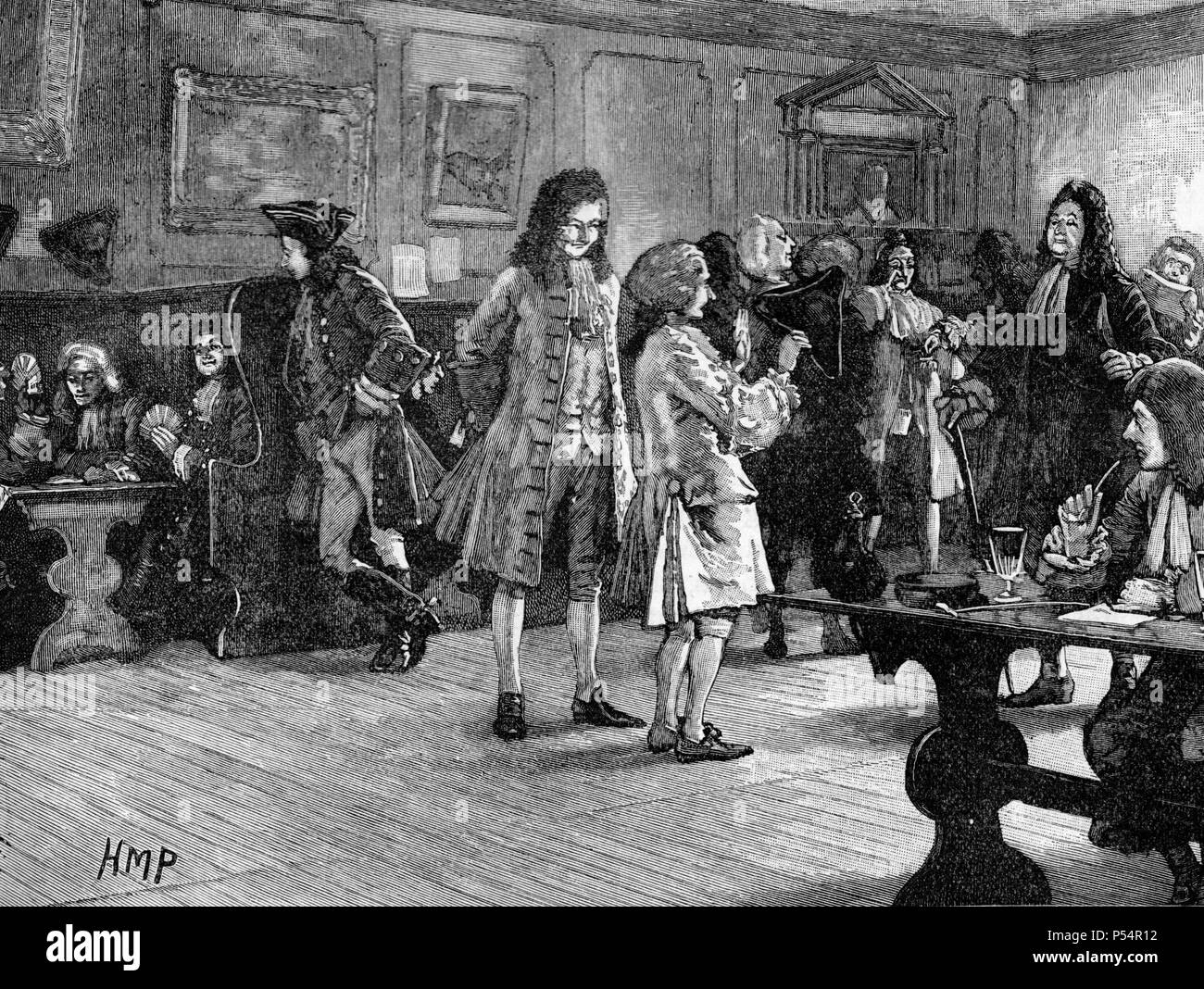 Szene in einem Londoner Kaffeehaus während der Regierungszeit von Königin Anne, von cassell Geschichte des englischen Königs Edition Teil 29. Stockfoto