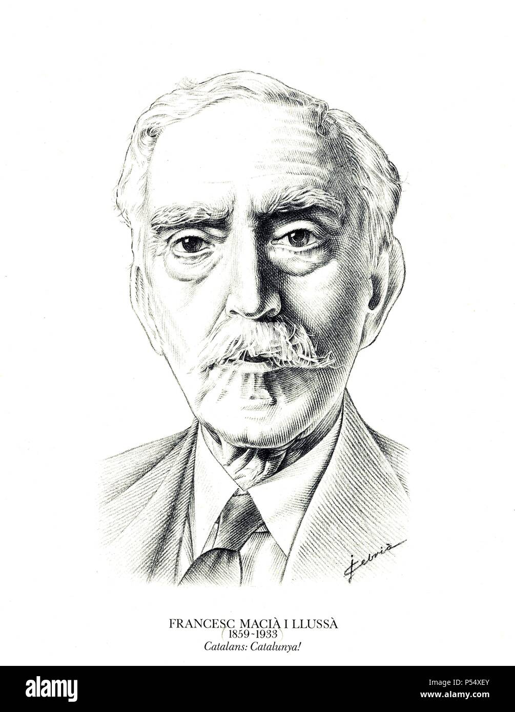 Francesc Macià i Llussà (1859-1933). Político catalán, Presidente de la Generalitat. Dibujo de Josep Cebrià. Stockfoto