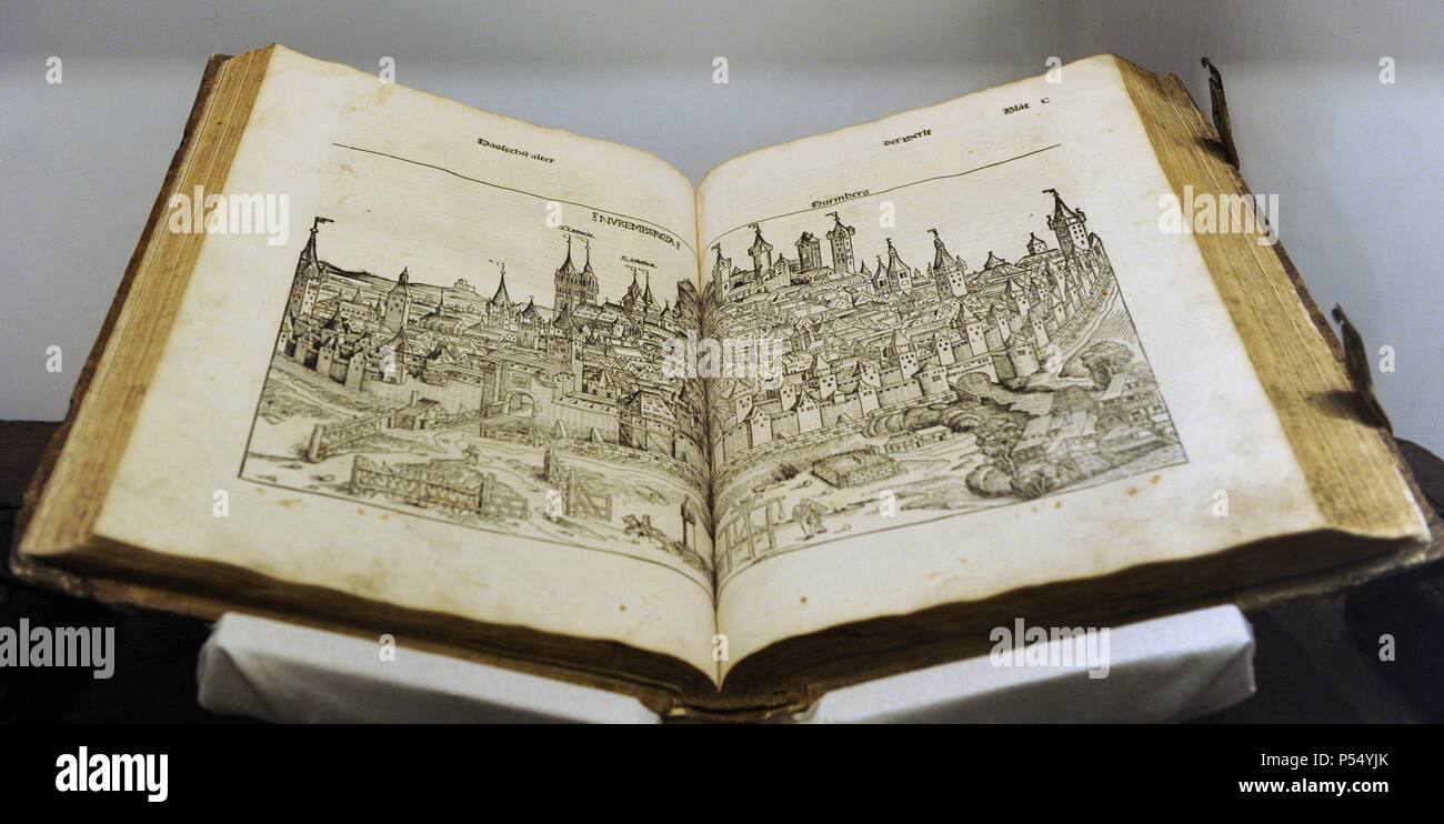 Nürnberg Chronik. Deutsche Version, 23. Dezember 1493. Von Hartmann Schedel zusammengestellt und Gravieren von Michael Wolgemuth und Wilhelm Pleydenwurff. Kupferstich mit der Darstellung der Stadt Nürnberg. Deutsches Historisches Museum. Berlin. Deutschland. Stockfoto