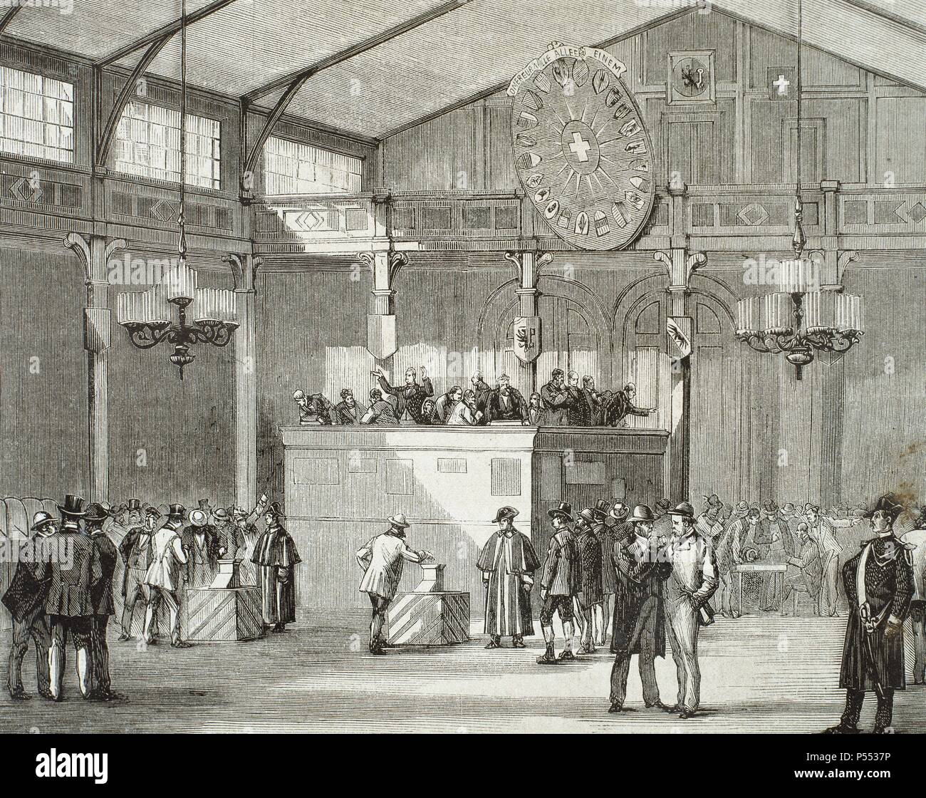 Innenraum wahlen Durante un Salón del Plebiscito. Ginebra. Suiza. Grabado del año 1872, Obra de Laporta. Stockfoto