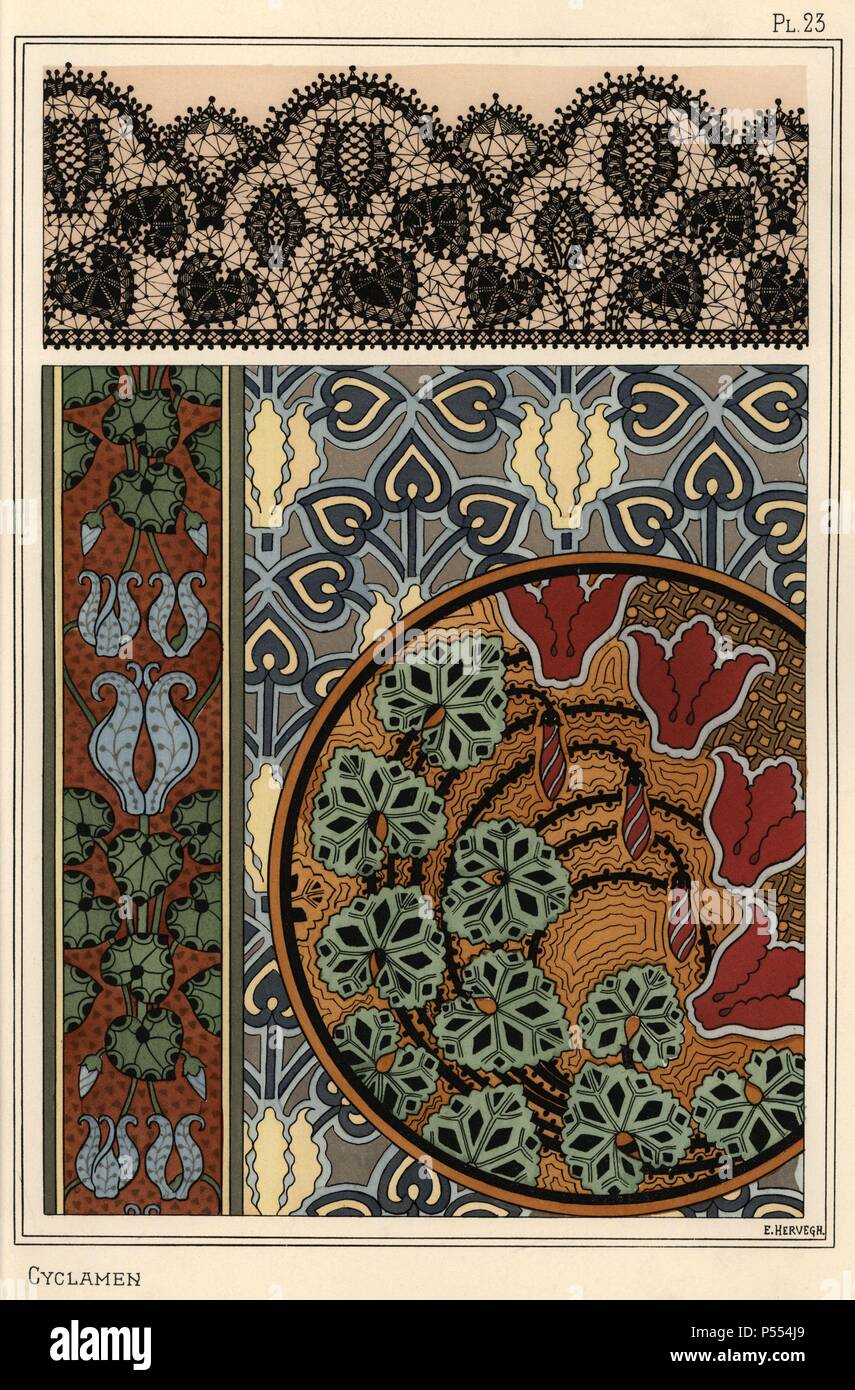 Cyclamen persicum Motiv in Mustern für Lace, Tapete und Stoff. Durch E.Hervegh mit Pochoir (Schablone) handcoloring aus Eugene Grasset's "Pflanzen und ihre Anwendung zu Ornament", Paris, 1897 Lithographie. Grasset (1841-1917) war ein Schweizer Künstler, dessen innovative Designs der "Art Nouveau"-Bewegung am Ende des 19. Jahrhunderts inspiriert. Stockfoto