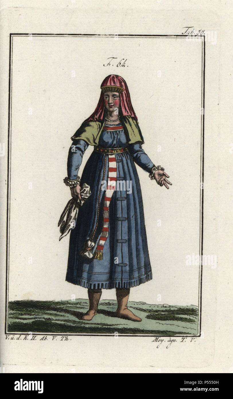 Frau von Elsass, mit ihrem Geldbeutel hängen von Ihrem Gürtel. Papierkörbe Kupferstich von Robert von Spalart's 'historisches Bild der Kostüme der wichtigsten Menschen der Antike und des Mittelalters", Wien, 1811. Abbildung: auf der Grundlage von Cesare Vecellio ist Habiti Antichi e Modernisieru, Venedig, 1590. Stockfoto