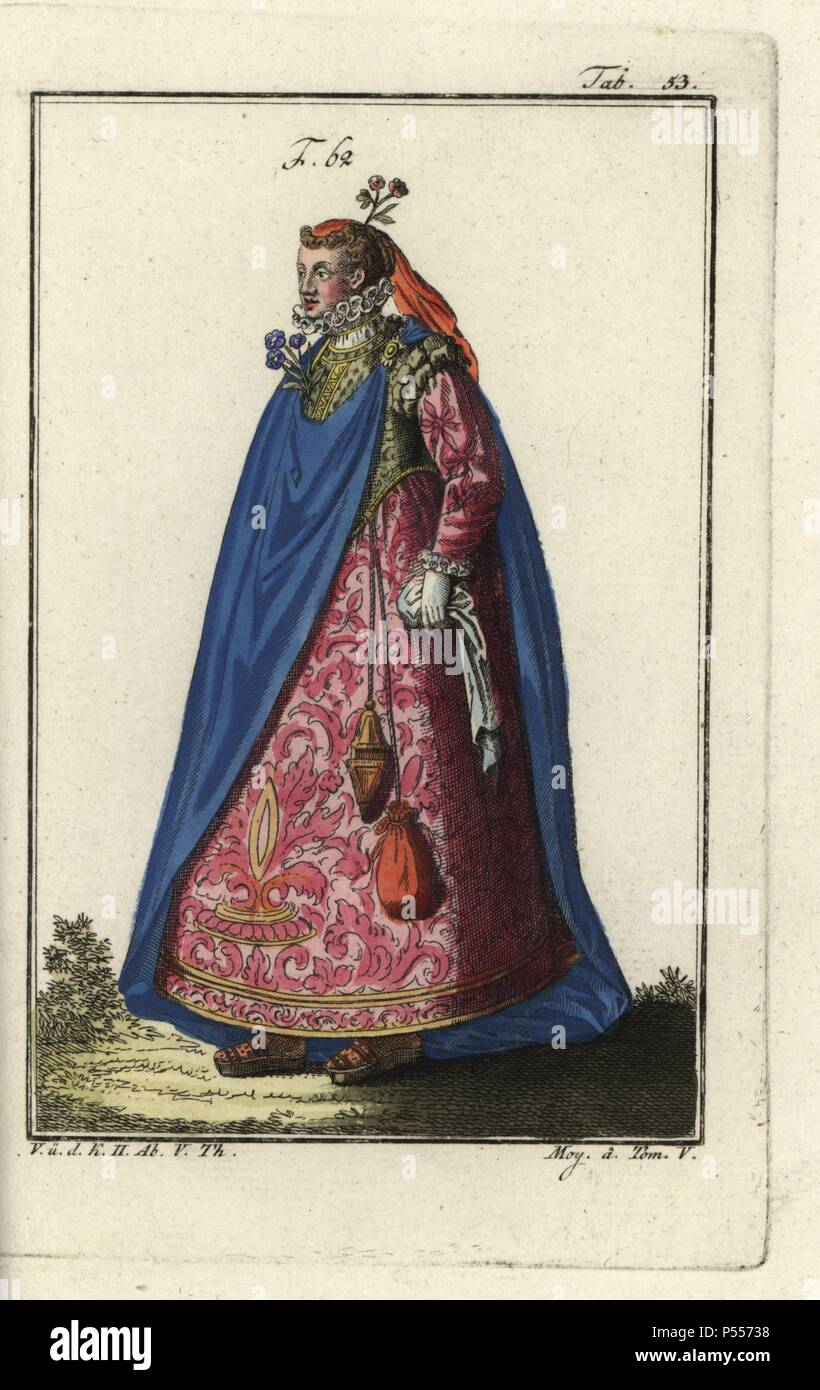 Adlige von Genua mit Blumen im Haar und Mieder. Papierkörbe Kupferstich von Robert von Spalart's 'historisches Bild der Kostüme der wichtigsten Menschen der Antike und des Mittelalters", Wien, 1811. Abbildung: auf der Grundlage von Cesare Vecellio ist Habiti Antichi e Modernisieru, Venedig, 1590. Stockfoto