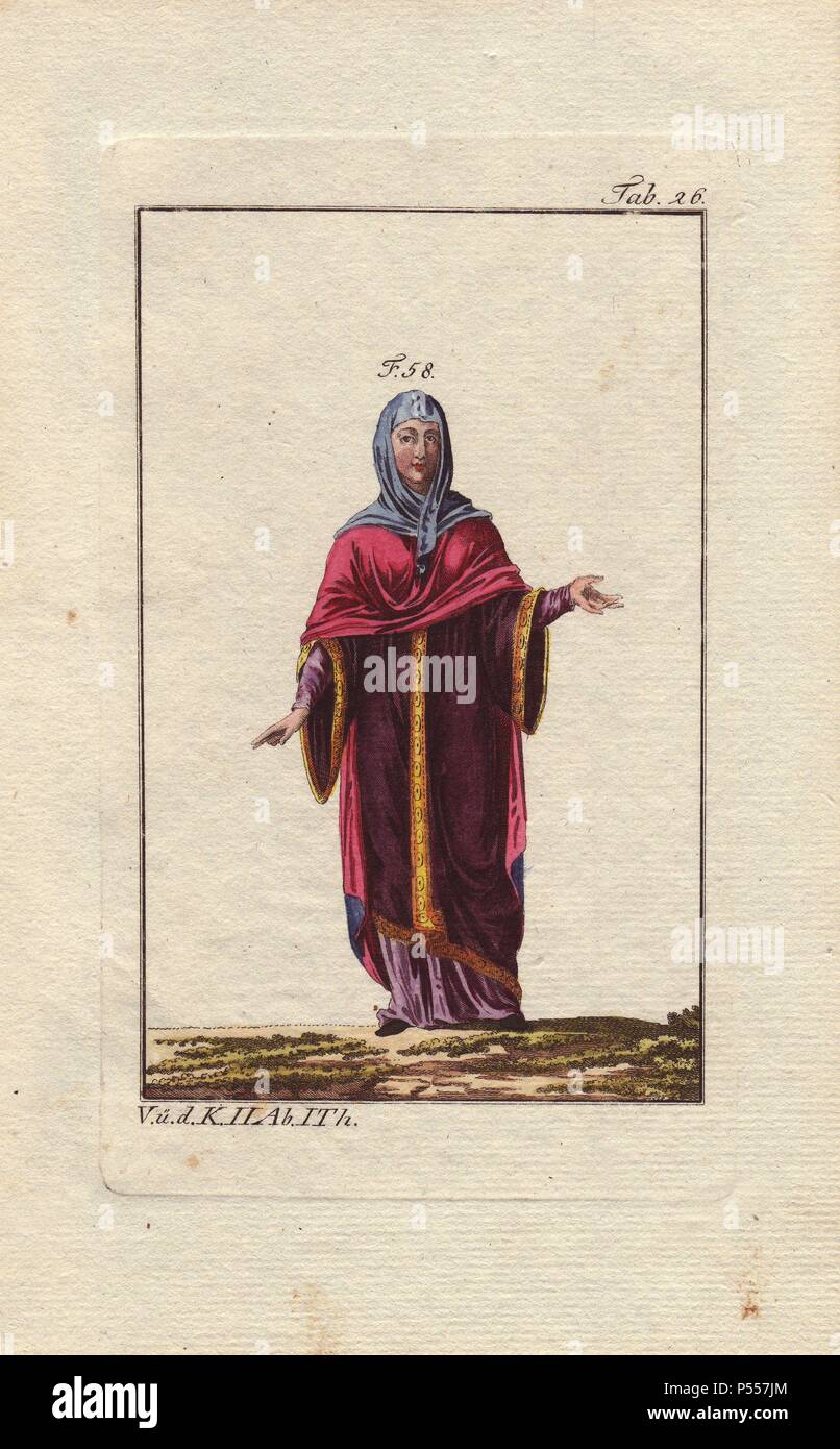Eine Angelsächsische Frau (oder Königin in einigen Editionen) tragen ein breites, Langarm Kleid. Jahrhundert bis in das 10. Jahrhundert, Frauen hüllen entwickelte sich in breiter, die ausgestellten Formen. Die Frau ist hier ein hell-blau Schal über den Kopf und Hals, ein purpurroter Mantel, eine weinrote Tunika mit weiten Ärmeln verziert mit Gold, über eine lila Gewand. . . Papierkörbe Kupferstich von Robert von Spalart's 'historisches Bild der Kostüme der wichtigsten Menschen der Antike und des Mittelalters" (1796). Stockfoto