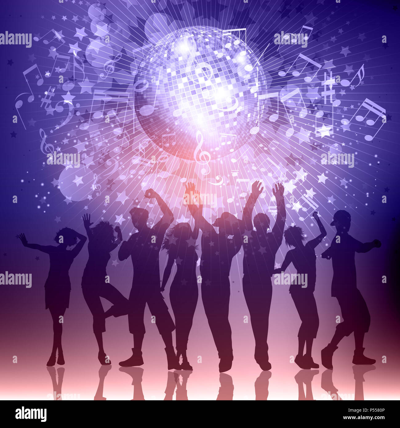 Silhouetten von Party Leute auf einer Musik Hintergrundinformationen mit Spiegel Kugel Stockfoto