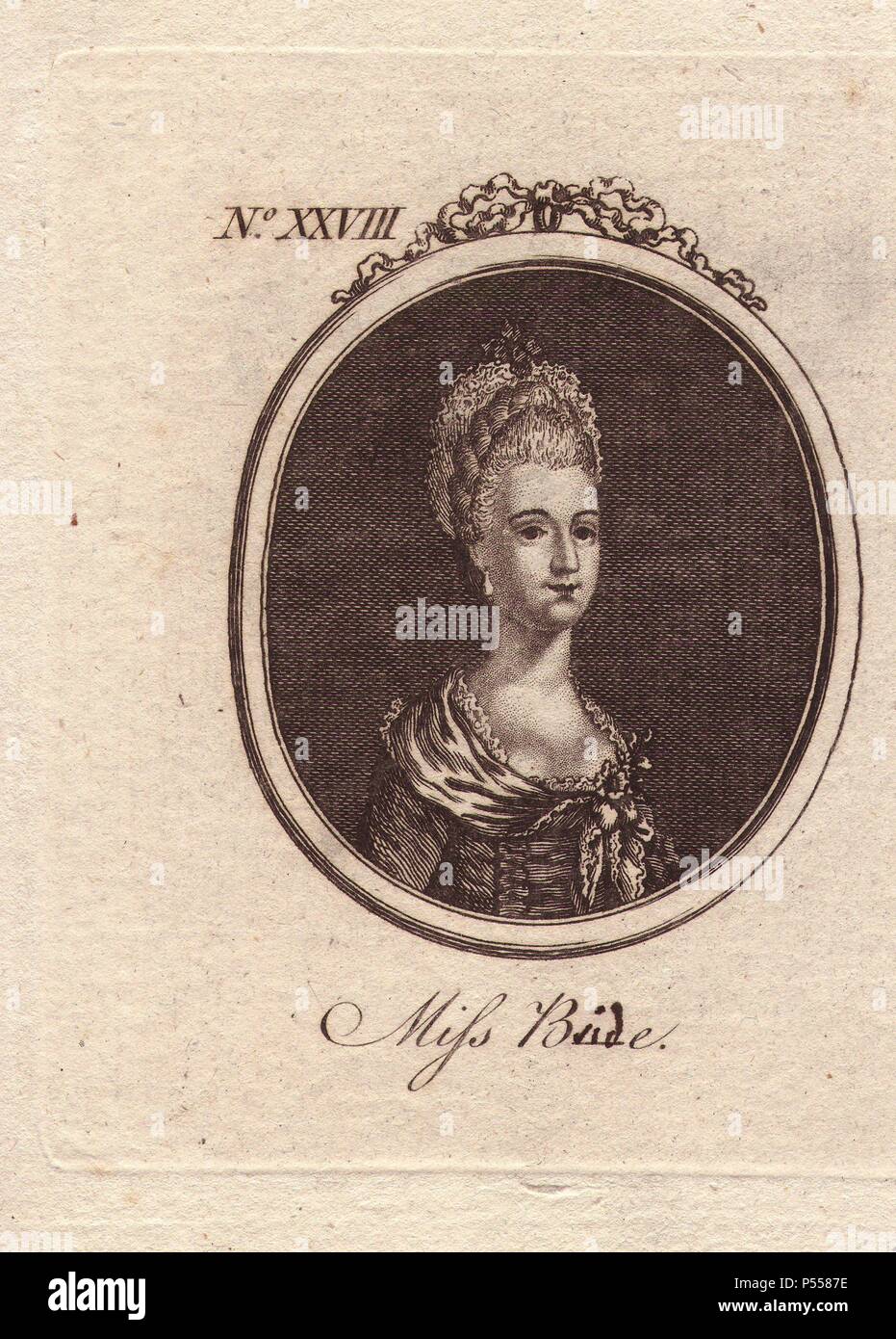 Miss Elizabeth Braut (d. 1826), englische Schauspielerin und Tänzerin. 'Miss B   e" auf der Bühne in London in den 1760er Jahren erschien, bevor er der "Frau" von Johannes Calcraft.. Kupferstich portrait Nr. 28 von "Stadt und Land"-Magazin, 1760. Stockfoto