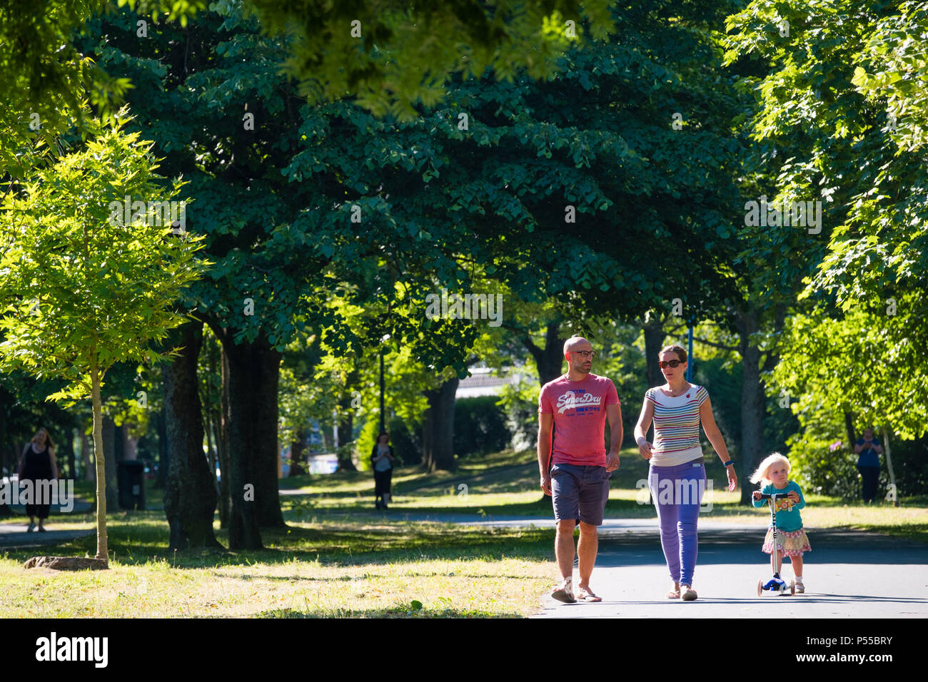 Aberystwyth, Wales, UK. 25. Juni 2018. UK Wetter: Menschen zu Fuß entlang der von Bäumen gesäumten Plas Crug Park in Aberystwyth, Anfang, was verspricht ein weiteres eindrucksvolles Tag der heißen Sonne ungebrochen sein. Das Vereinigte Königreich ist die Überschrift in eine mini Hitzewelle mit Temperaturen um 29° oder 30° Celsius bis Mitte der Woche Foto © Keith Morris/Alamy Live News hit Stockfoto