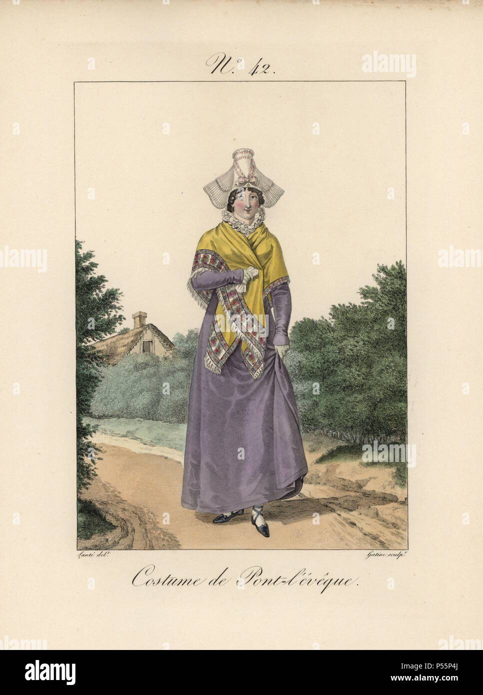 Kostüm von Pont l'Eveque. Die bavolet Motorhaube unterscheidet sich leicht von dem von Lisieux, weil die Papillon Schmetterlings Flügel an den Schläfen fixiert sind. Handcolorierte mode Platte Illustration von LANTE von Gatine von louis-marie's Lante' Kostüme des Gravierten femmes du Pays de Caux", 1827/1885. Mit ihren hohen Elsässischen spitze Hüte, die Frauen von Caux und der Normandie waren berühmt für die Eleganz und Stil. Stockfoto