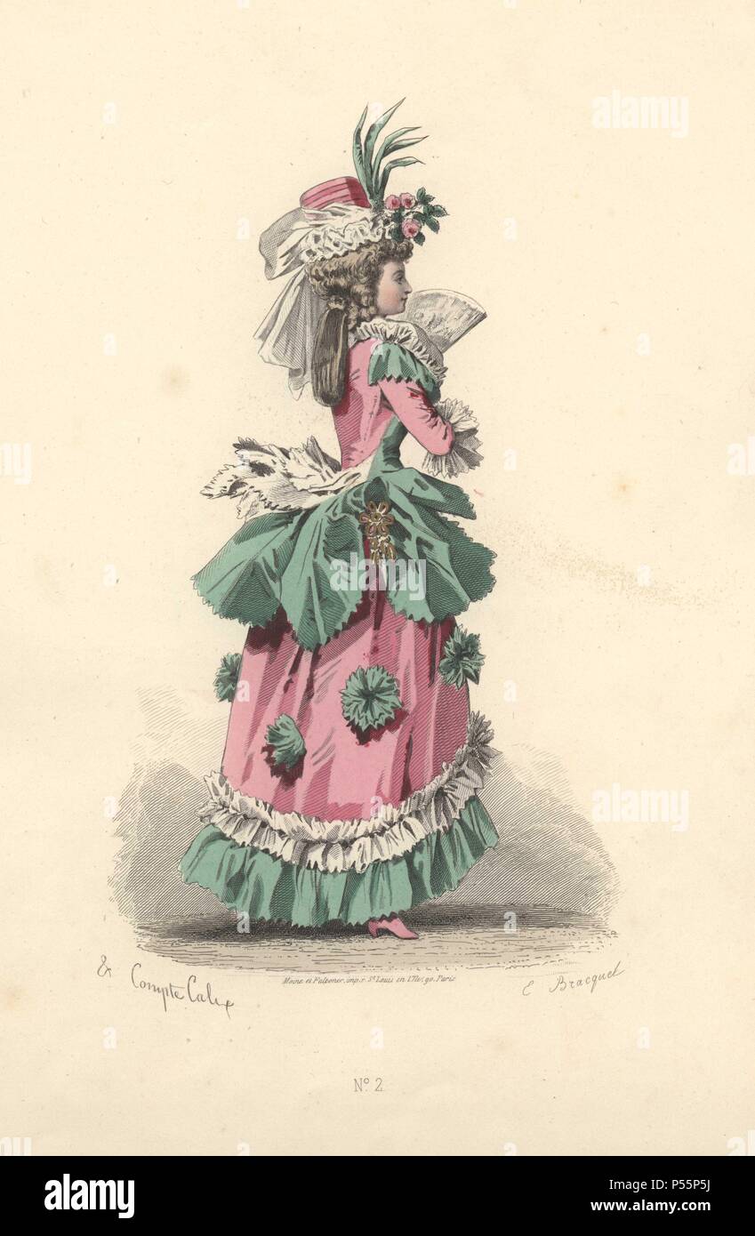 Modische Frau in 'Petite Maitresse' Stil: rosa Kleid mit grüne Blume Rosetten verziert, Motorhaube mit Blumen.. . Francois-Claudius Compte-Calix (1813-1880) war ein französischer Maler und Illustrator. Ein regelmäßiger Aussteller auf der Salons, illustrierte er zahlreiche Bücher und mehrere romantische Bücher von Poesie, und für viele Jahre dazu beigetragen, das modemagazin 'Moden Parisiennes".. . Papierkörbe Lithographie von eine Illustration von Francois-Claudius Compte-Calix von 'Les Modes Parisiennes sous le Directoire" (Paris Moden unter dem Verzeichnis 1795-1799) 1865. Stockfoto