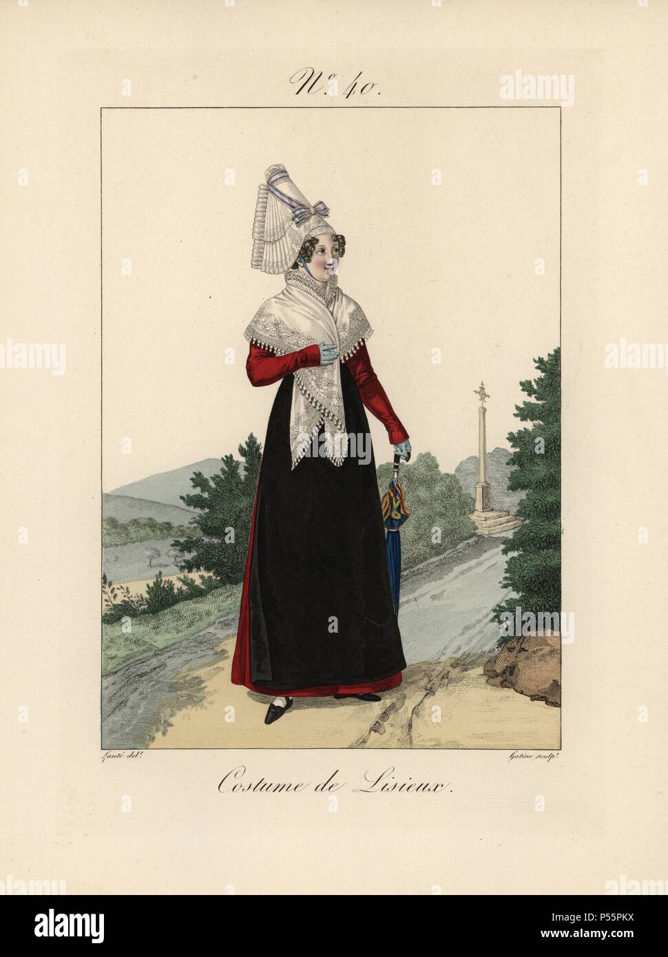 Frau in Tracht von Lisieux. Sie trägt ein rosa und blauen Band zu Ihrem bavolet Motorhaube gebunden. Sie trägt ein lace Shawl, schwarze Schürze, Crimson Kleid, Himmel blau Handschuhe und trägt ein Regenschirm. Handcolorierte mode Platte Abbildung von Benoit Pecheux gestochen von Gatine von louis-marie's Lante' Kostüme des femmes du Pays de Caux", 1827/1885. Mit ihren hohen Elsässischen spitze Hüte, die Frauen von Caux und der Normandie waren berühmt für die Eleganz und Stil. Stockfoto