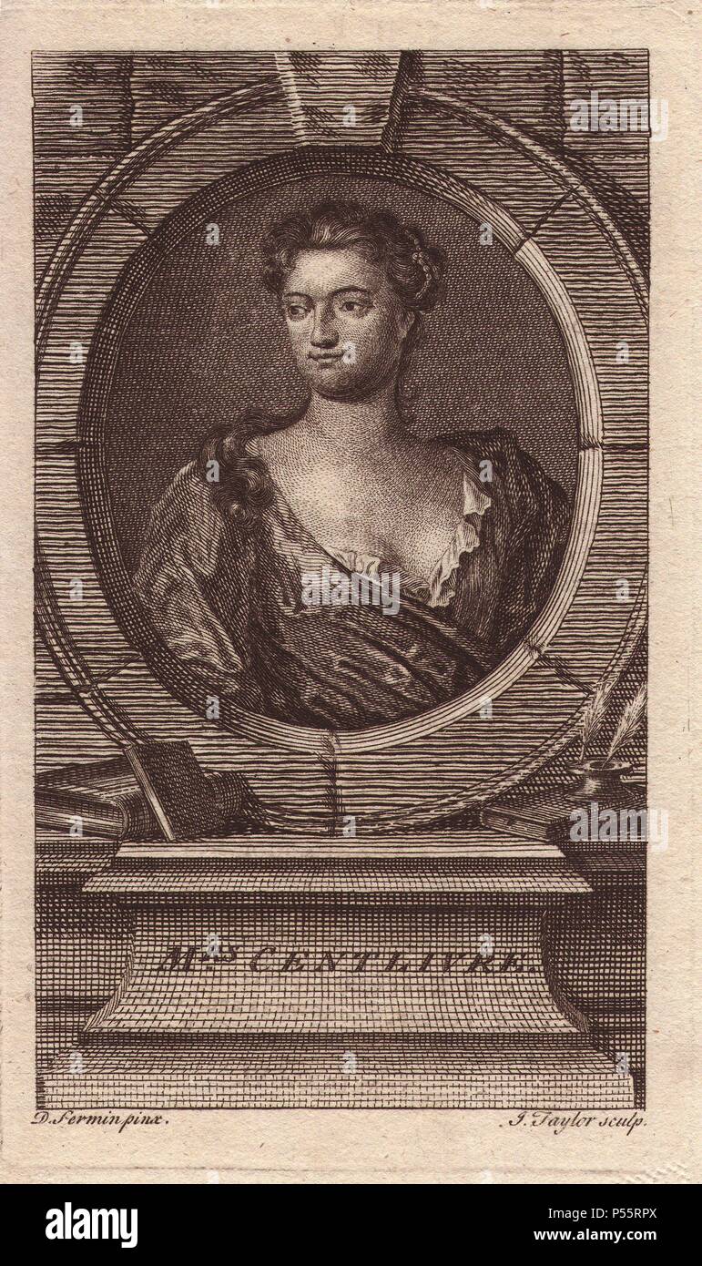 Die gefeierte Frau Susanna Centlivre (1667-1723), englischer dramatische Schriftstellerin und Schauspielerin. Zweimal in jungen Jahren verwitwet, begann sie zu schreiben Komödien und farcen Für die Bühne selbst zu unterstützen. Von einem Porträt von D. Fermin, Kupferstich von J.Taylor. Stockfoto