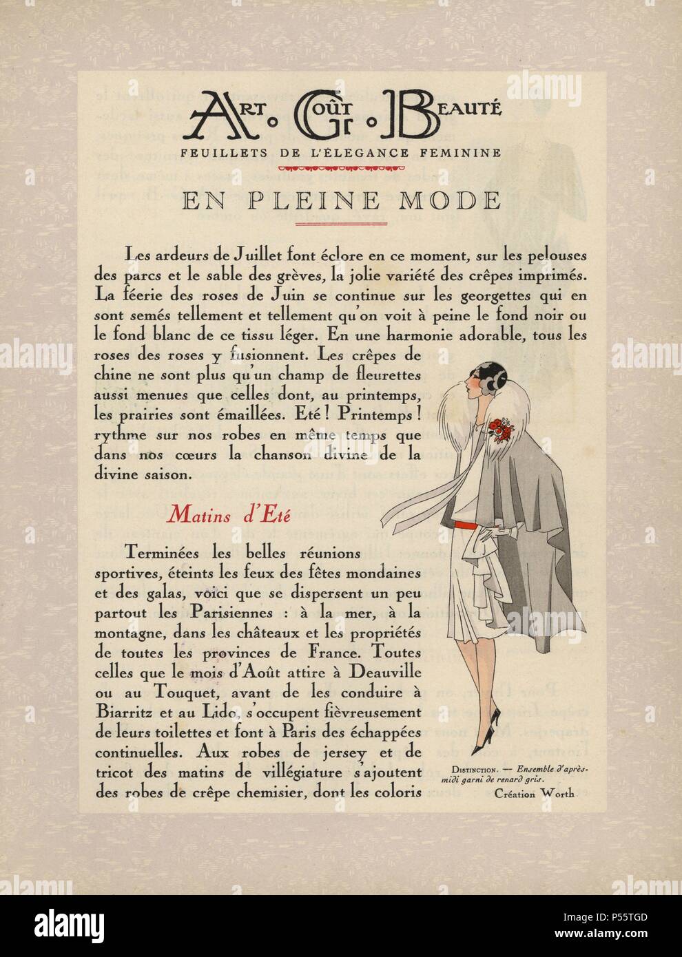 Titelseite und Impressum für 1928 Ausgabe der AGB, mit der Mode Platte von einer Frau in einem weißen Kleid am Nachmittag mit einem grauen Umhang mit Fox Pelzbesatz.. Papierkörbe pochoir (Schablone) Lithographie von der Französischen luxus Mode Magazin "Kunst, Gicht, Beaute'. Stockfoto